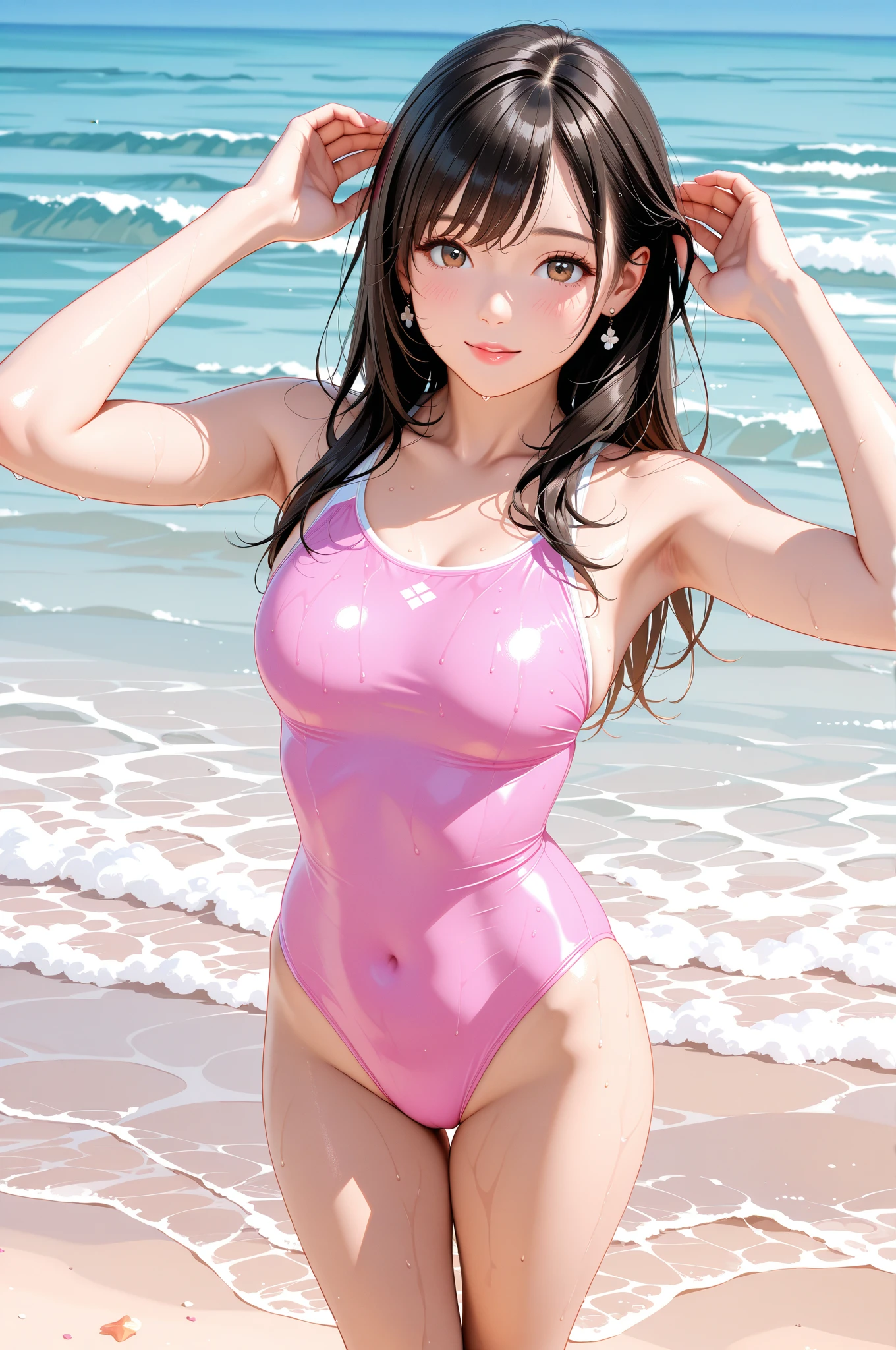(High quality, 8K ,Wallpaper), (Very delicate and beautiful), (Must see), (Best picture quality: 1.0), (Ultra high quality: 1.0), (Realistic), Masterpiece, Best picture quality, 4k, High resolution, Realistic, Raw photo, Fine, lustrous skin, Japanese woman, 20 years old, (Standing, holding, surfboard up, one hand: 1. 4 ), standing, posed with legs crossed, looking, gently smiling, brown hair half up, brown eyes, pink wetsuit, standing in summer sea asse, realistic shadows, (high quality), fine, fine skin, very slim, slim body, thin collarbone, cheeks, realistic face, realistic eyes ( small eyes, happy smile), (Low angle shot: 1.2),