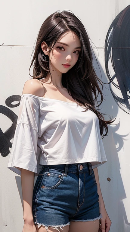 Best Quality, Masterpiece, Ultra High Resolution, (Fidelity: 1.4), Photo, 1 girl, white shirt, torn jeans, white sneakers, dim, darkness, despair, pity, pitiful, movie, tears, teardrops, (torn clothes: 1.5), (wet clothes: 1.4), bare shoulders, real rain, wet hair