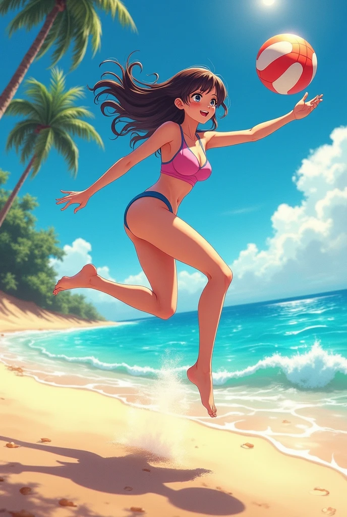 make a beautiful woman, with swimsuit, good hips and glutes, big breasts, korean, her breasts bounce as she jumps on the beach anime style
