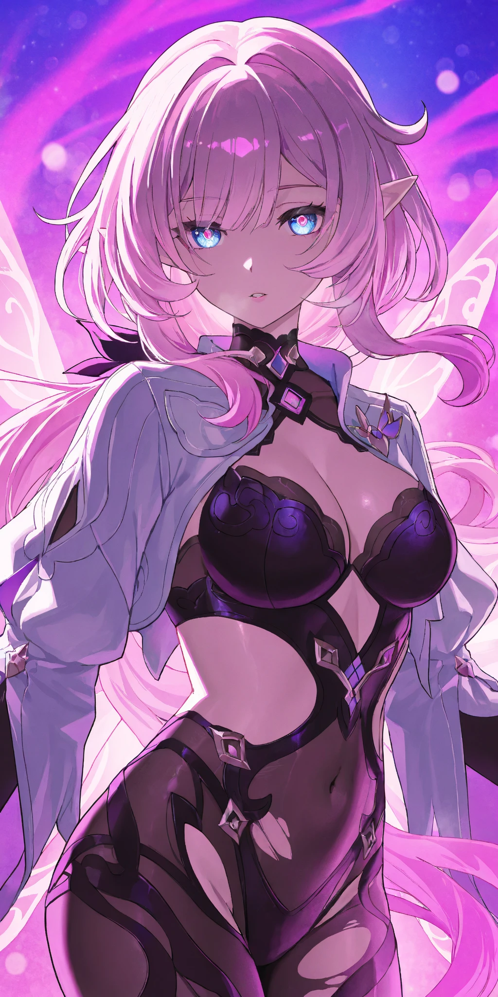 Cool women、sexy、Center of chest、Rize from Chainsaw Man、beauty、Yandere、、Face close-up、Chest tattoo、Black and purple lace、necklace、(look up)、(Pink Hair)、(Angle from the buttocks).(alone)(Beach).(Apply tanning oil to your back).