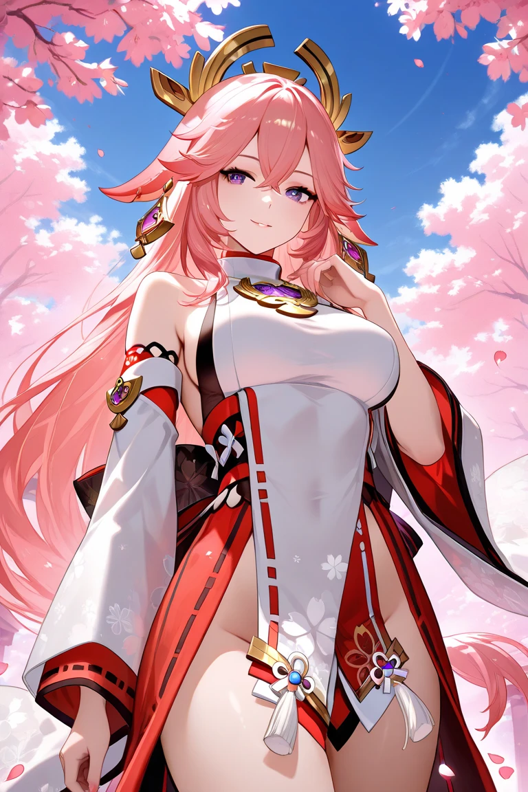 masterpiece, best quality, highres, miko1, sakura_miko, 1girl, medium_boobs, solo, ahoge, x_hair_ornament, pink_hair, floral print, hairclip,(side_less_clothes:1.5), (side_boobs:1.5), hair_bell, floral print, long_hair, hair between eyes, one side up, white thighhighs, asymmetrical legwear, wide sleeves, open_mouth,(happy:1.3),green_eyes,big_smile,(raise_leg:1.3),plump,apart_legs,(overly_long_sleeves:1.3),),sleeves_past_wrists,hands_hidden_sleeves,sidelock_clothes,solo,hidden_wrists,(XD:1.5),covered_nipples,plump,sunlight,(bare_flank:1.3)
