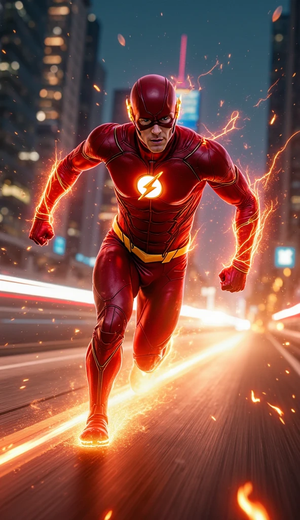 cyberpunk the flash , dark armor, invoked mask,glowing red eyes, bodybuilder, running, in the background a city, lightning in the sky, ultra details, ultra realistic, cinematic , octane render, 16k --auto