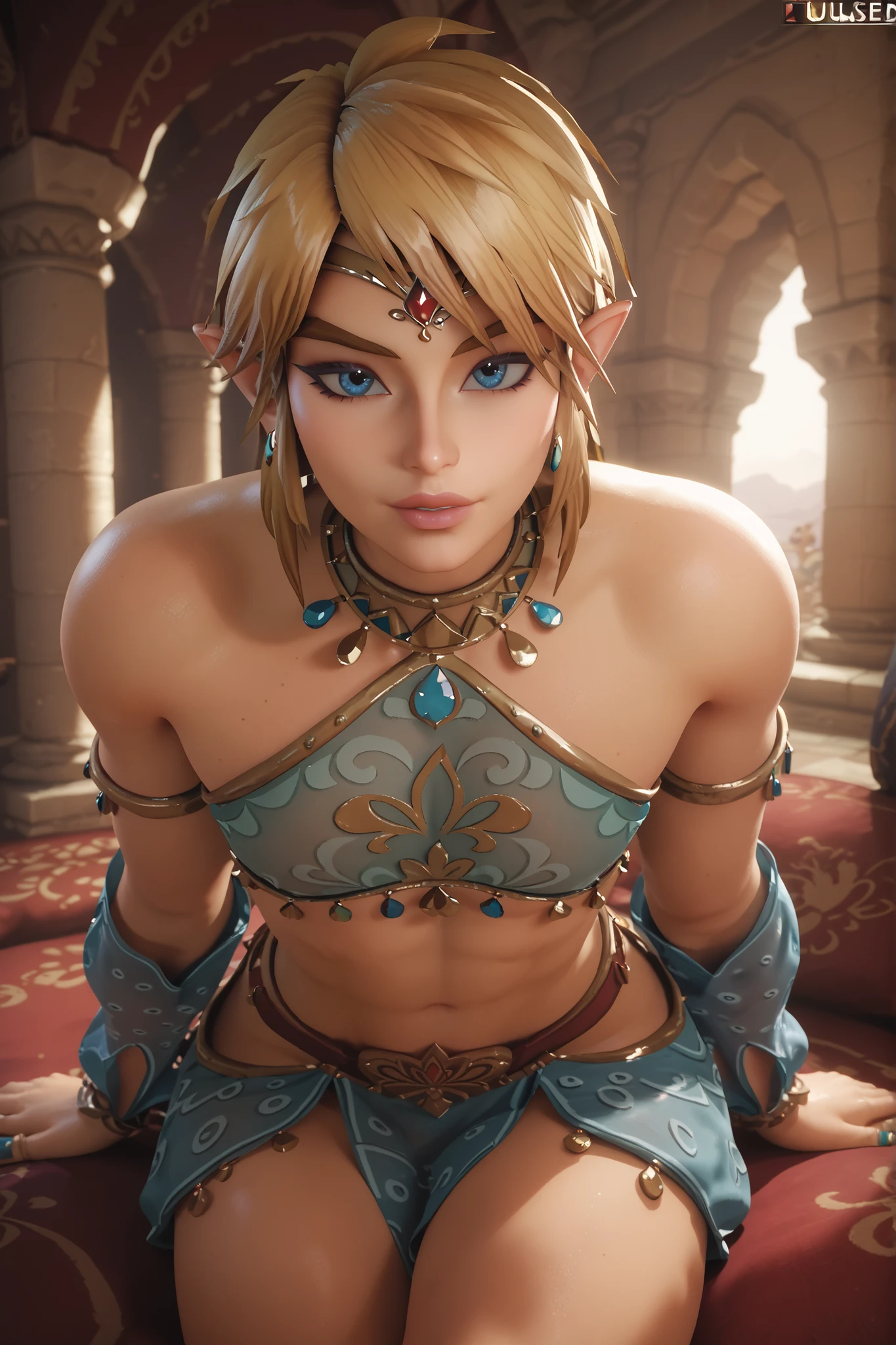 (medium shot, sword-belt sword on back , bracers,long draped silk loin cloth,sweat water dripping on skin, sweating, oiled skin shiny, text logo:1.3), ( lean toned-body elf-futa, link, breath of the wild, Gerudo Clothes gerudo-link, elf ears, sitting on window seat bench cushions, eastern fantasy city , blonde hair, short stature, veil, thin Abdominal Muscles, large bulge:1.2) , in fantasy eastern palace , perfect limbs, Perfect hands, perfect fingers, uhd high definition photograph, extremely detailed eyes face nose hands )