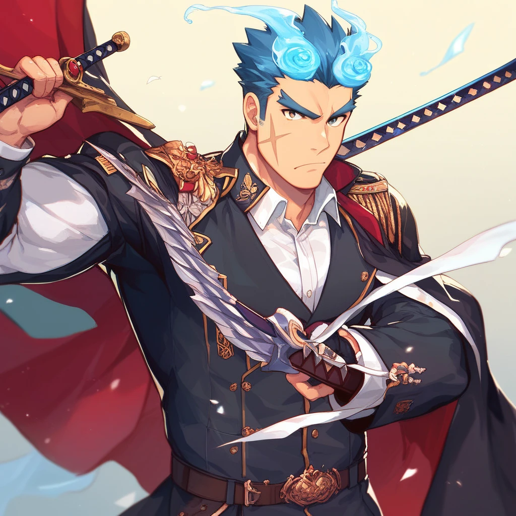 score_9, score_8_up, score_7_up, score_6_up, perfect , perfect proportions, best quality, masterpiece, high_resolution, high quality, aesthetic, absurdres, (male focus), solo male, adult, mature, masculine, manly, handsome, charming, alluring, cowboy shot, dutch angle, source_game \Live A Hero\), official style \(Live A Hero\), Nessen Mochizukin, LAHNessen, red eyes, black hair, short hair, sideburns, facial hair, chinstrap beard, jawline beard, pointy ears, fangs, horns, broken horn, LAHNessen_outfit01, sansuke outfit, Japanese clothes, blue headband, blue happi, sleeves rolled up to shoulder, red tasuki \(japanese clothing\), bandaged forearms, bandaged hands, red girdle, white fundoshi, rokushaku fundoshi, legs armor, black tabi\(japanese footwear\), waraji\(japanese straw sandals\), straw sandals, wrist beads,
