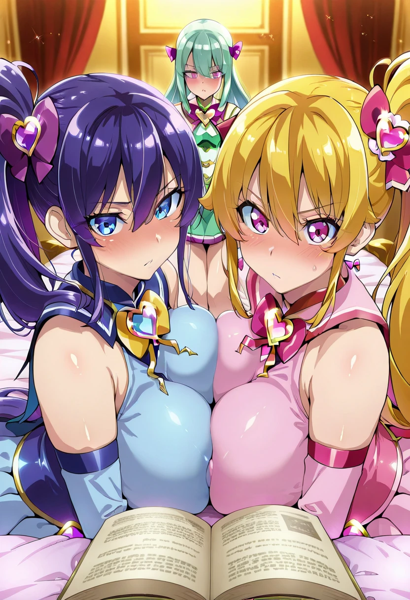 (masterpiece),(ultra-detailed), (high quality), (high resolution), (best quality:1.5, highres, UHD), highres, absurdo, ultra detail, ultra quality, (3heads:1.5), 1girl, (long hair), (blue hair), (brown hair), (blonde hair(, (different separate Hair colors:1.5), thighs, (purple outfit), female warrior, (medieval outfit), blue eyes
