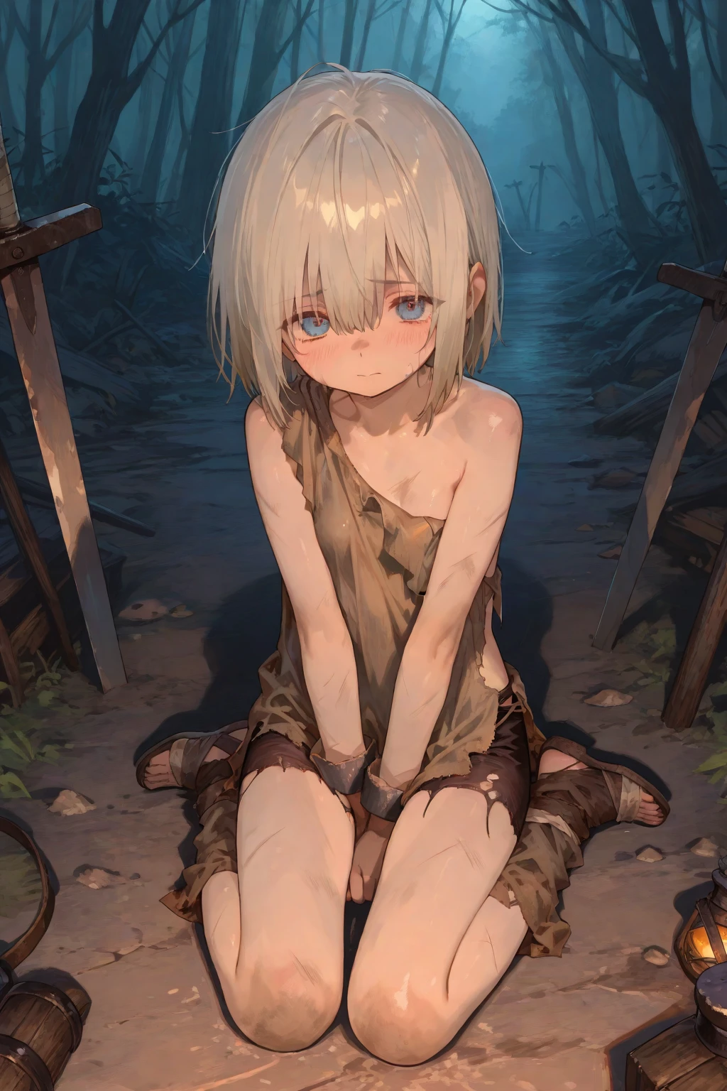Anime. Young woman. Slave. dirty torn tunic. Dirty torn panties. Cold. Runny nose. Sneeze. Nasal mucus. Snot. Standing. In a lot of growth. Full body. She shit herself.
