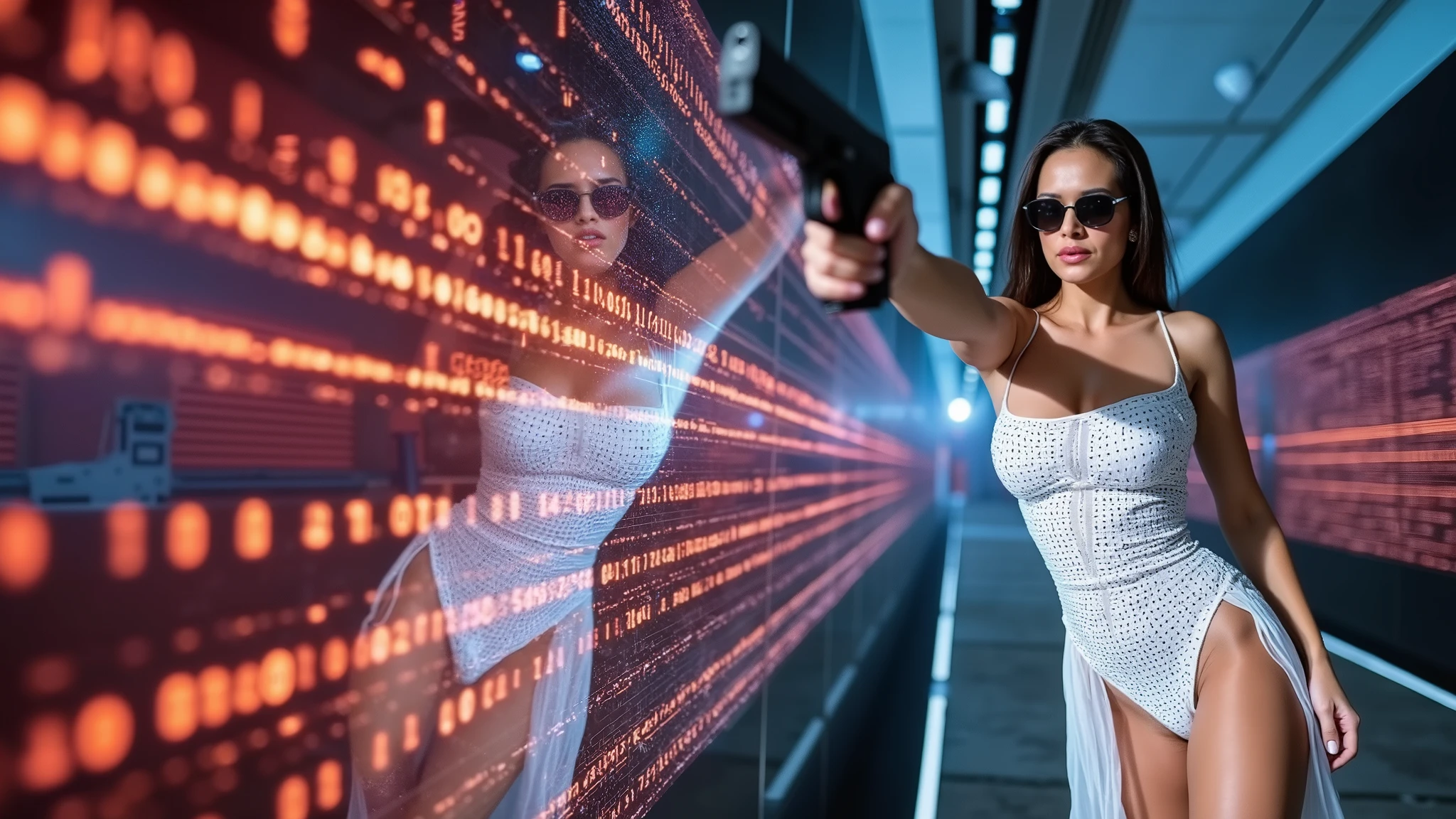 Aerial view. sci-fi outdoor maze background. Matrix style, at night, dark sky, (1girl, solo), photo realistic, large-breast:1.2 slim:0.9 body, cleavage:1.2, tube top, miniskirt, (matrix style black sunglasses), (holding a mini:1.1 pistol), half-body thigh level medium shot, cinematic lighting, ray tracing.