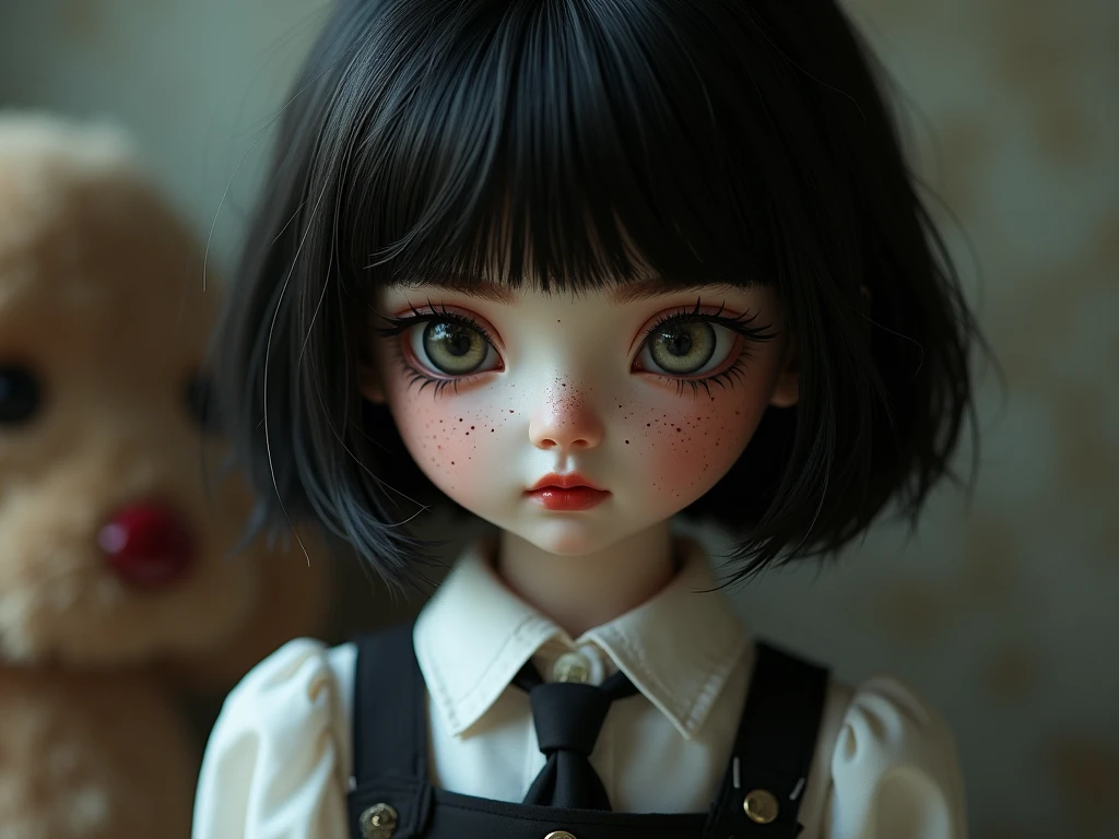 A neutral-faced 5-year-old girl with bright brown eyes and dark hair. She is dressed in a colorful and patterned dress, complemented by a shiny bow in her hair. The image depicts her against a dark and eerie background, reminiscent of a haunting atmosphere. The shadowy surroundings add a touch of terror, creating a chilling contrast with her innocent expression. --auto --s2