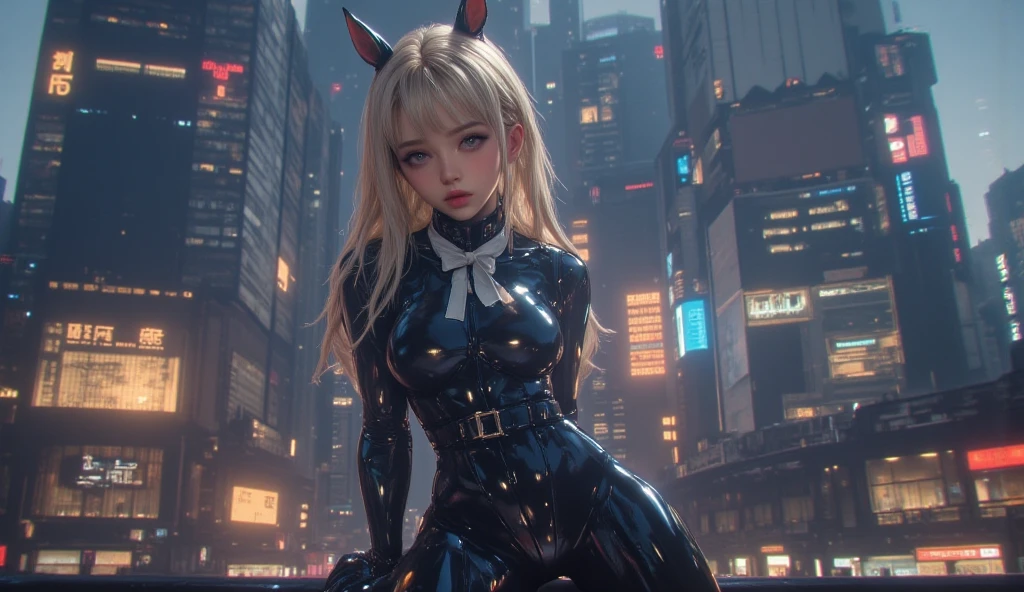 Zerotwo, Junge Frau, breitbeinig, happy, catsuit, Blick von vorne, realistisch, Stadt als Hintergrund, pissen
