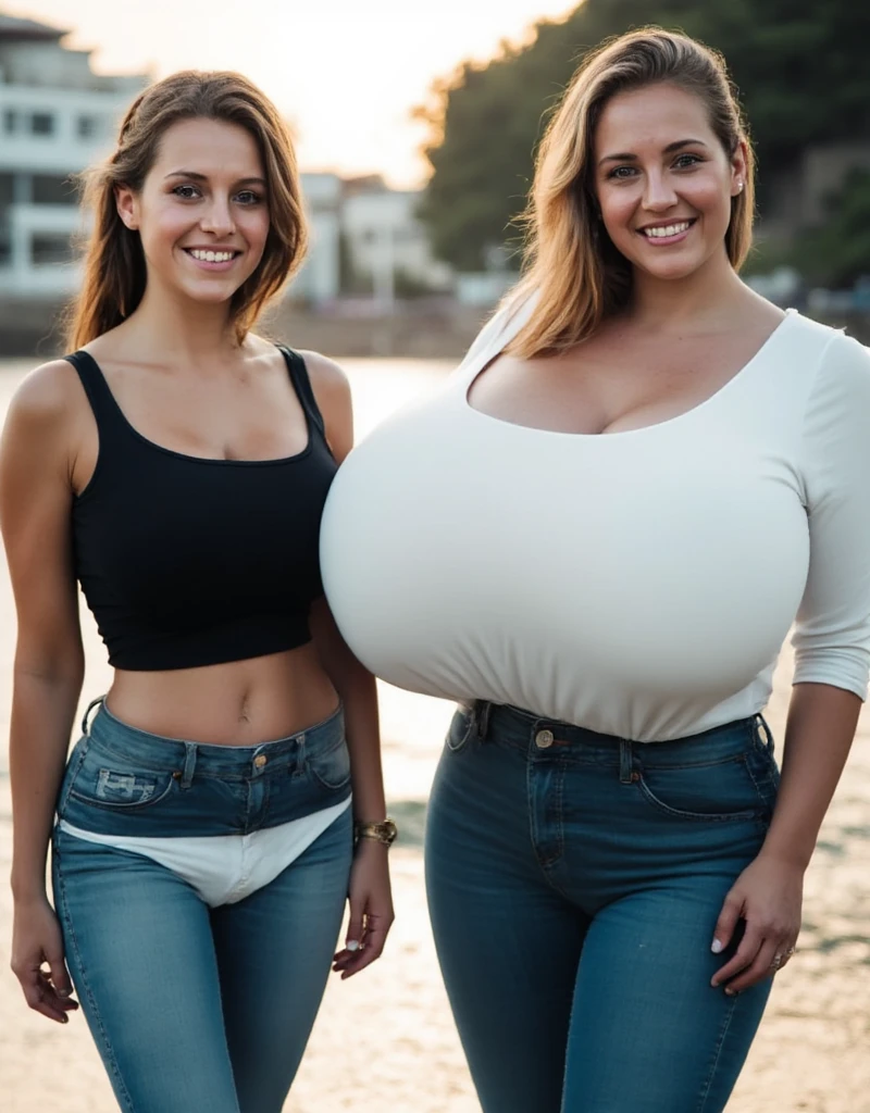 Muscular girl, short blonde hair, devil body, (huge and amazingly large breasts), (the action of stuffing two huge balloons into clothes), posing in action, (waist exposed), (white vest with white tight ripped jeans), (wearing a blue denim jacket outside), (two girls facing each other and hugging tightly on the lips)