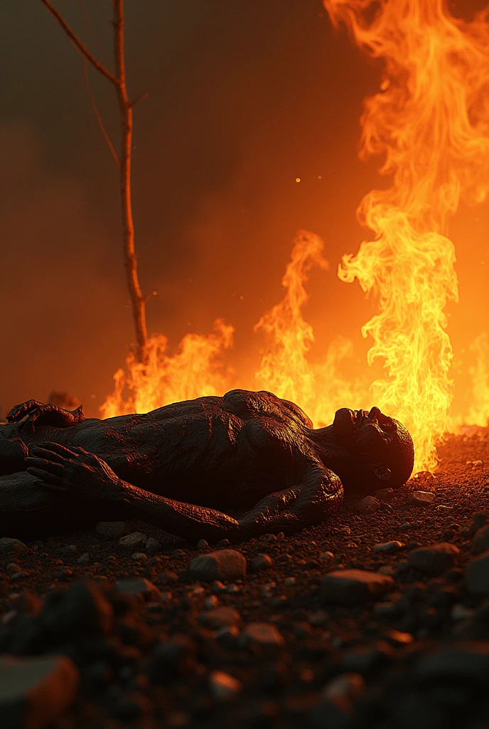dead bodies on the floor, fire, a lot of flames, clothing on fire, burning,1600s
