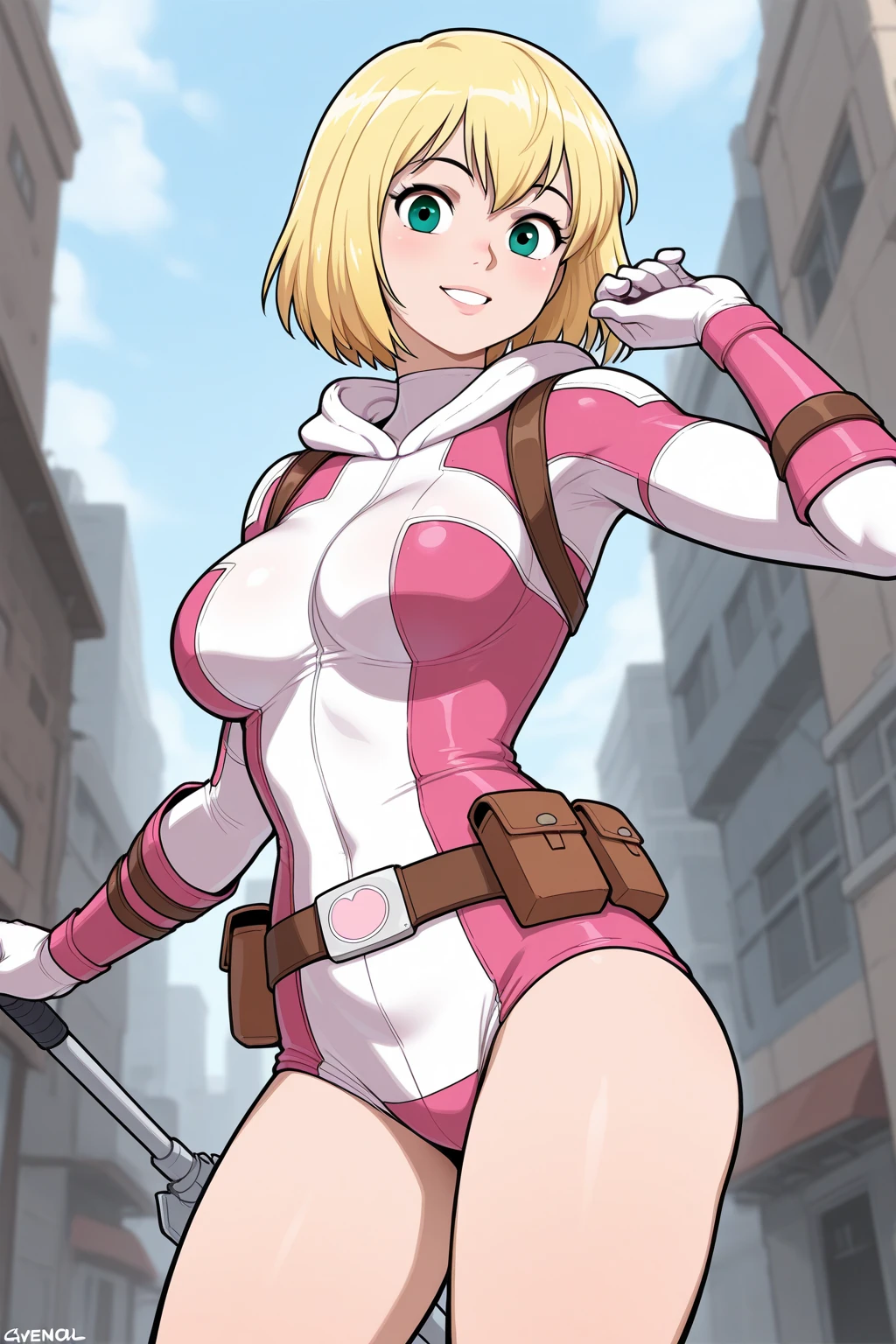 gwenpool, 1girl, ass, blonde hair, weapon, sword, breasts, ass support, looking back, short hair, multicolored hair, lips, blue eyes, bird, gloves, solo, weapon on back, looking at viewer, bodysuit, from behind, ass grab, pouch, two-tone hair, penguin, large breasts, thighs, pink hair, shorts, copyright name, parted lips