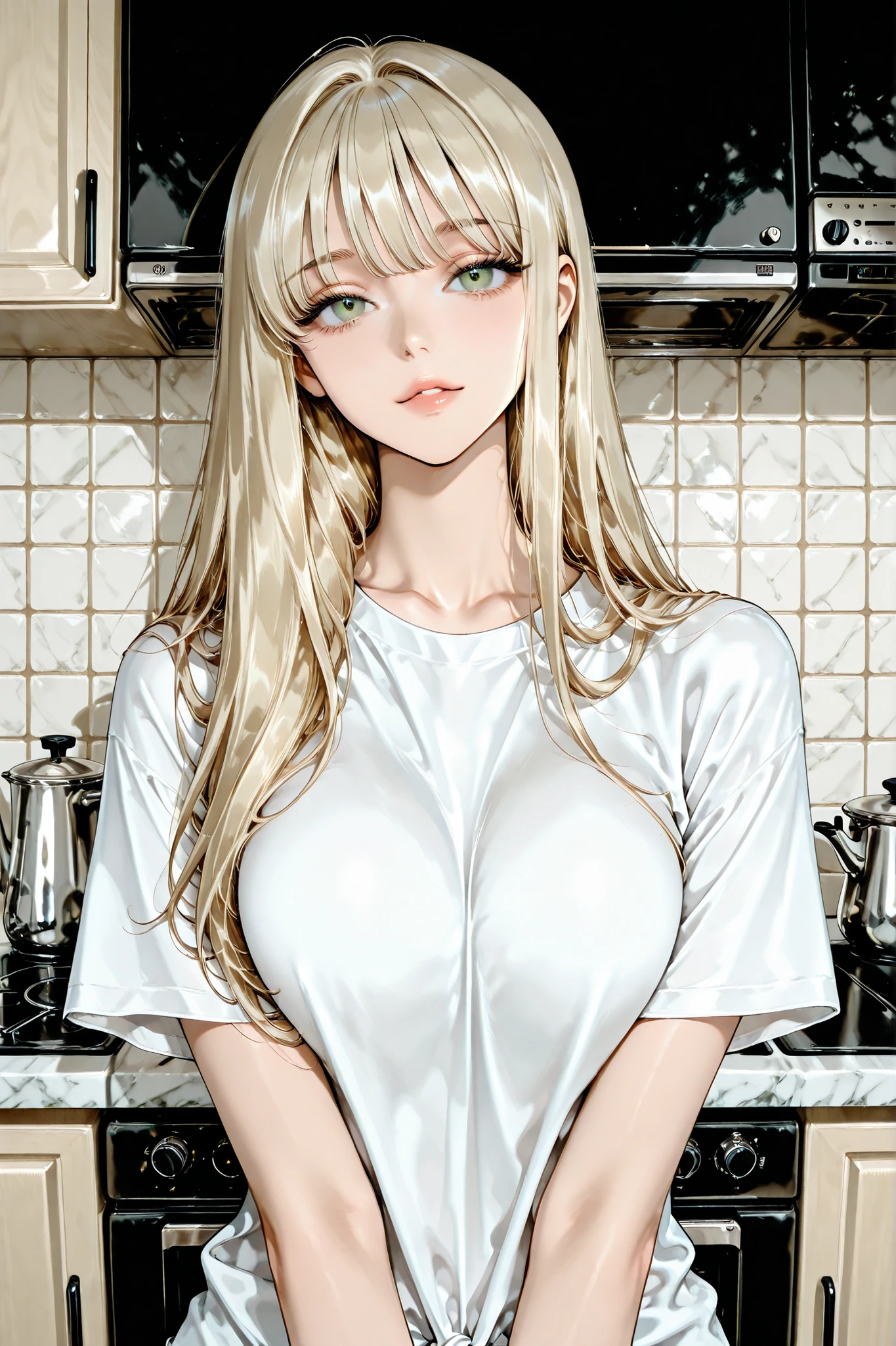 Contemporary art, solo, one girl (light blonde hair), green eyes, Lover, clear skin, A girl
(Big white t-shirt),
(Making breakfast in the kitchen of a luxury apartment)