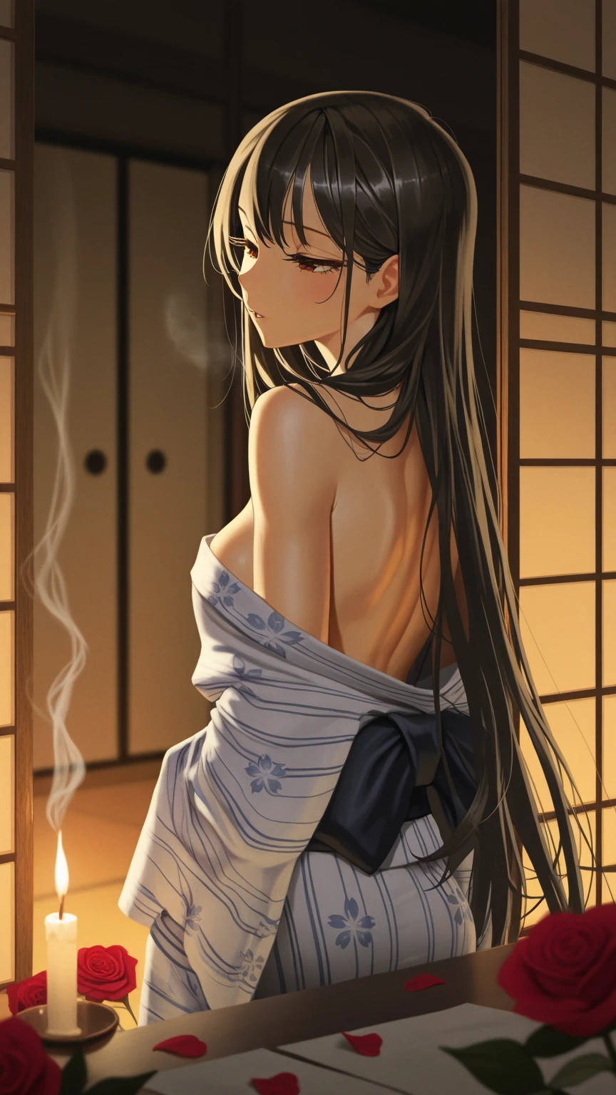 (masterpiece,Highest quality:1.3,best quality illustration),cowboy shot,1woman,25 year old Japanese beauty、black hair,long hair,bangs,black eyes,gorgeous eyes,((very small head:1.2)),shy,(very long body),medium breasts,(tan skin, gleaming skin,toned body,slender body, skinny),sweat,White kimono、Open chest、Black Hakama、Tatami floor、Japanese house、