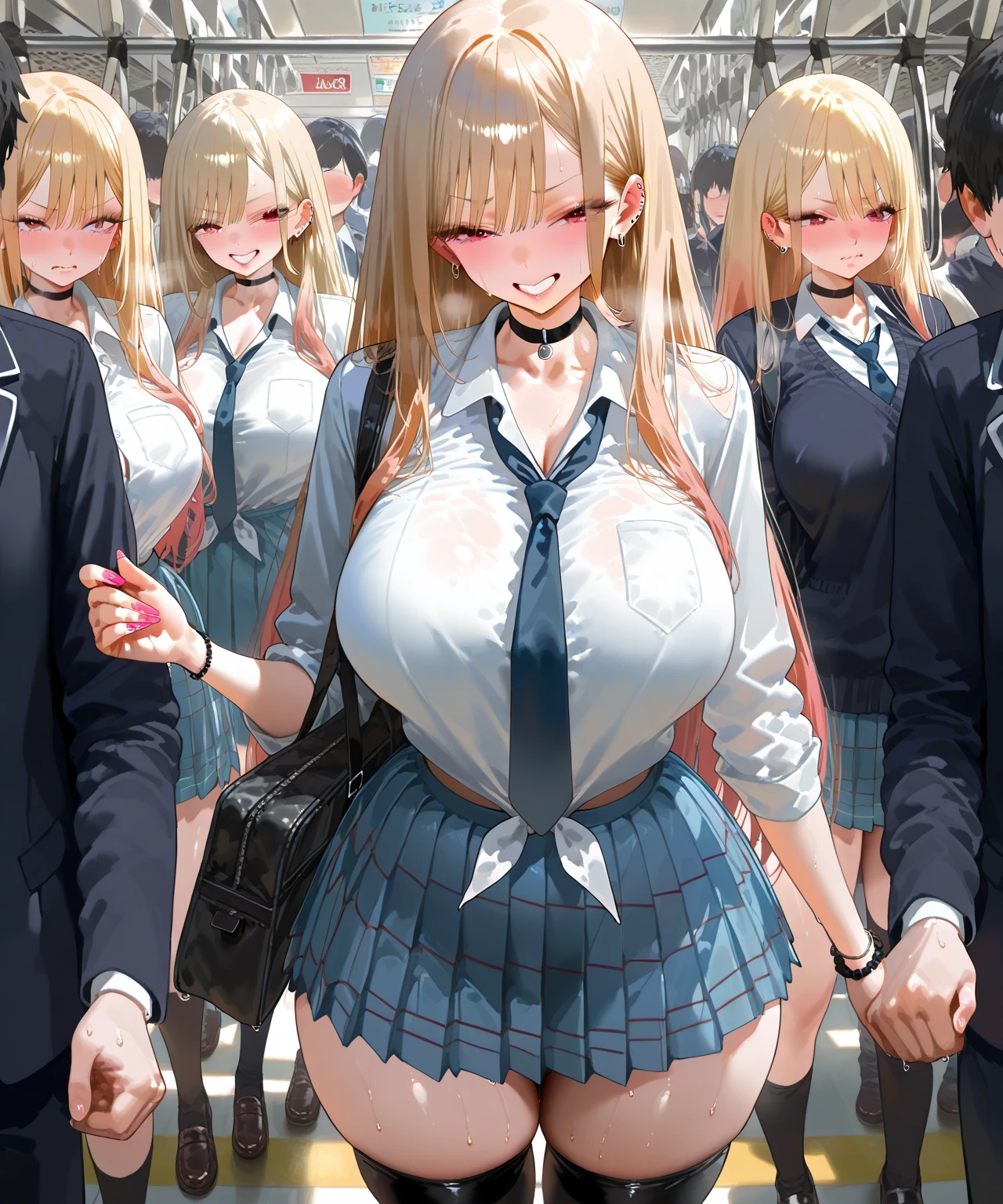 ((Highest quality)), ((masterpiece)), (detailed),
((huge breasts))
((Very thick thighs))
((Very fleshy young woman))
(Tall)
(cleavage)
(Short Blonde side ponytail hair)
Blue eyes
Standing
(((Shoot from front)))
(((photograph the whole body)))
(Japanese school uniform)
(white (business) shirt)
(Black mini(school)skirt)
Japanese
Tokyo city