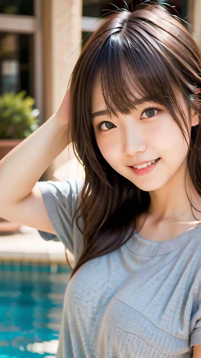 masterpiece、Beautiful woman、Detailed face、Detailed eyes、Detailed skin、Highest quality、Japanese、Brightly lit from the front、Professional Lighting、Always looking forward、The background is a bit blurred. Wearing a white T-shirt、Laughter、shortcut、Band Girl、A t-shirt that clings tightly to the skin、Huge breasts、I&#39;m not wearing a bra、nsfw