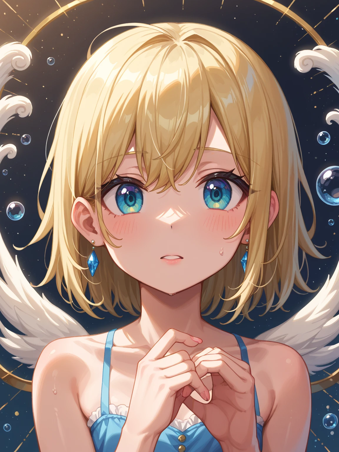 A super-fast punch　Official art using hand-painted watercolor techniques,Golden bikini girl　Transverse chest (Little Girl:1.5)(Small body) (blonde:1.5）(eyelash:1.2) (Short Bob Hair:1.4), (Blue eyes)(Big Breasts:1.3)
