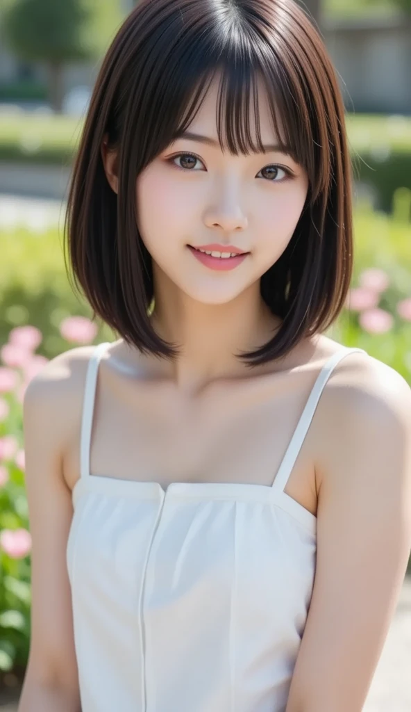 (highest quality:1.5)、(Realistic:1.5)、(1 person:1.5)、(Upper Body:1.5)、Very detailed、High resolution、8k wallpaper、、Small breasts、Natural color lips、Cute Smile、Japanese women、20-year-old girl、Beautiful and elegant face、Perfect and beautiful face、Big eyes、Brunette eyes、Beautiful and elegant face、Natural double eyelids、Natural Bangs、Beautiful thin nose、Beautiful Skin、Chestnut Hair、Medium Bob Hair、Short Hair、Natural Bangs、Perfect and beautiful face、Slim face and figure、(Looking at the camera with a cute expression)、Bright lighting、Professional Lighting、Forward lighting、Cute Smile、Summer blue sky、Grass park on the mountain、Look at the viewers、Low-angle composition、(Staring at the camera with a cute expression)、Bright lighting、Professional Lighting、Forward lighting、Cute Smile、Beautiful clavicle、Beautiful feet:1.2、Smooth Skin、Sweet girl dress、Sit on the grass、Sit down、Leaning forward、Shots from low angles、Sweet girl dresini skirt