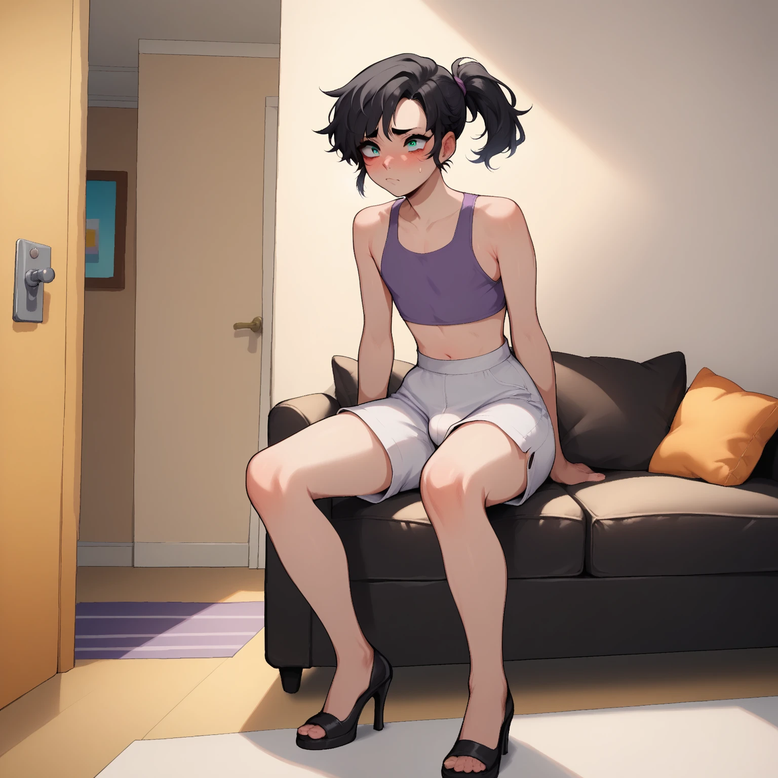 cute, childish, athletic, black skin, young girl, purple hair, short spiky hairstyle, brown eyes, small ass, underware, barefoot, blush cheecks, surprised face, sitting on a couch, in the living room, anime, style Murata Range, masterpiece, cinematic, dramatic, dynamic view, full body,  focus