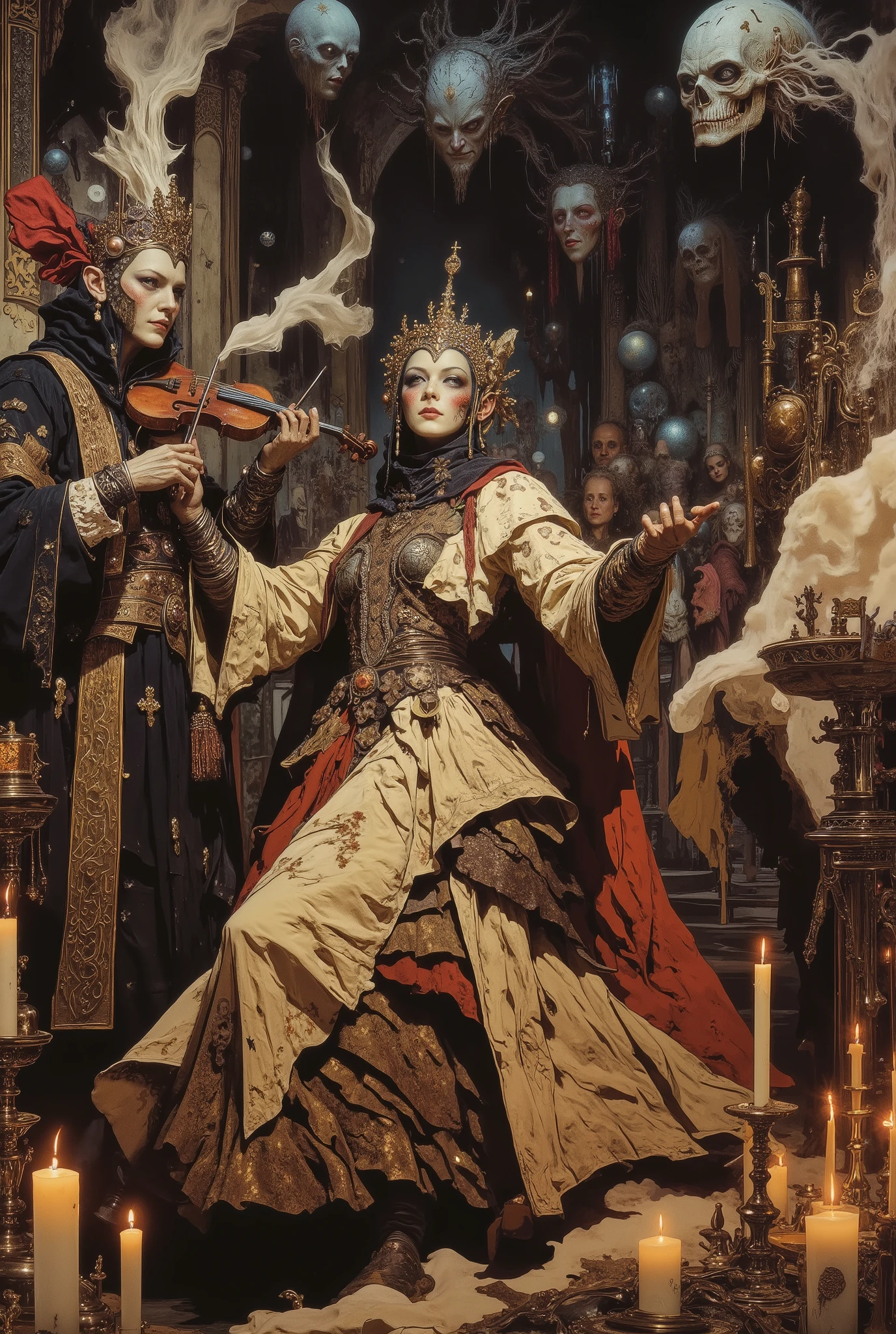 A creepy midnight Doomsday masquerade ball, luxurious Gothic aristocrats in fancy jewel costumes and intricate masks of plague doctors and valkyries waltz wildly among the floating candles, and ghostly violins play requiem.