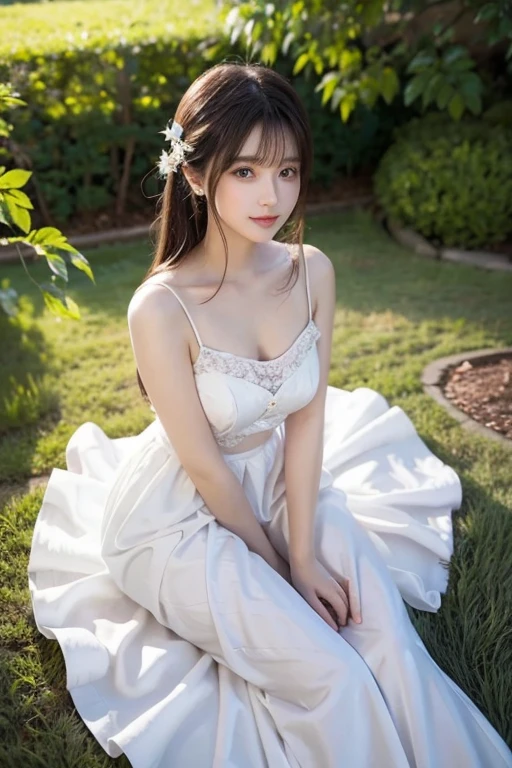 ((of the highest quality, 8K, masutepiece: 1.3, Raw photo)), Sharp Focus: 1.2, (1 AESPA Girl :1.1), (Solo: 1.2), (Realistic, Photorealistic: 1.37), (Face Focus: 1.1), Cute face, hyper detailed face, Small breasts, flat chest, Short messy hair, Small Smile, (white off-shoulder chiffon dress:1.3), sleeping pose, garden, Glory lily