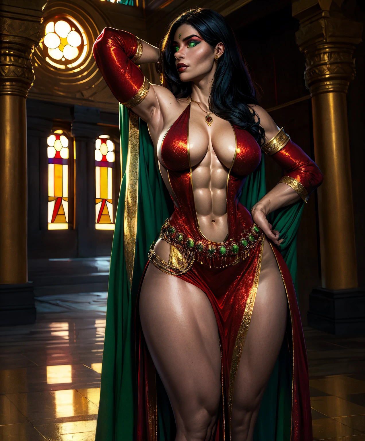 red hair, green eyes, 28 years old, young, beautiful, girl(Close-up image shot). high quality image, Image of a woman, she seems to be wearing a dark green egyptian goddess dress, she has black long hairs, she is standing in a balcony of a palace, she is stunning, intricate details, ((golden hour)), (((huge body, huge waist, huge hips, slightly fit gym athletic physique)))