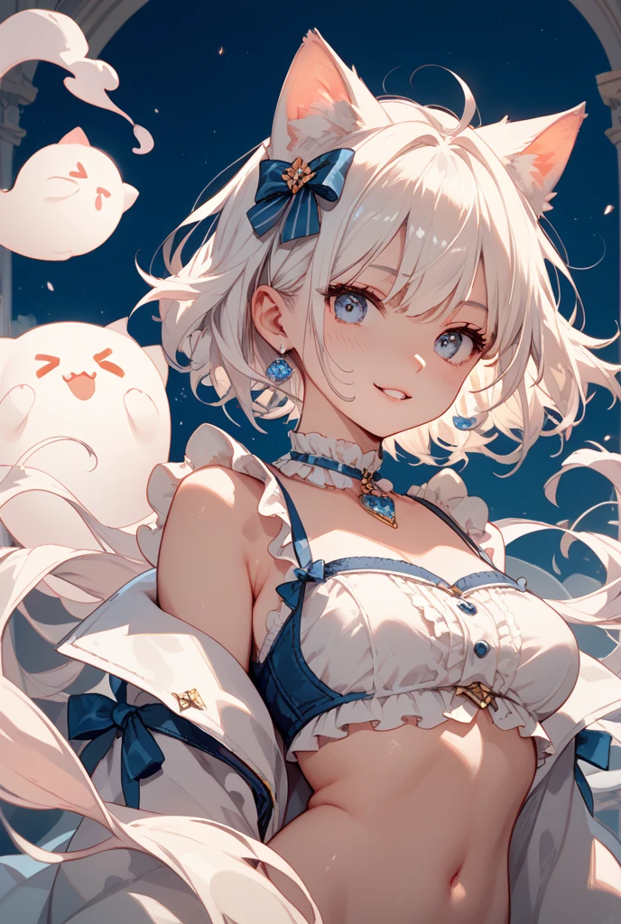 1girl,Sexy pretty girl,shiny gold platinum blonde hair, Bobcut,curly hair、Dog ears、Red sparkling eyes、detailed cute eyes,(glowing eyes:1.4),laugh heartily,((Droopy eyes)),22 years old,posing,skinny body shape,short of a person,smiling open mouth,flushed cheeks,white silk Clothes shirt, sparkle, flowing transparent white,pearls choker,sensual pose,A little sexy,Masterpiece, best quality,(watercolor style illustration), kawaii yukata, silver bobcut hair, beautiful goldfish in a fishbowl, photography,actress hat,