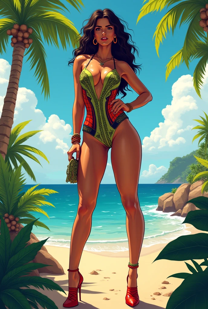 (masterpiece, Best quality, A high resolution, ultra detailed),(beautiful and aesthetically pleasing:1.2), (1 woman), adult, perfect body, wavy black hair, ((green eyes)), detailed eyes and face, (full body),  Poolside Glam Look: One-piece swimsuit, Sheer kimono cover-up, Oversized floppy hat, Oversized sunglasses, Statement sandals, Beach tote bag
