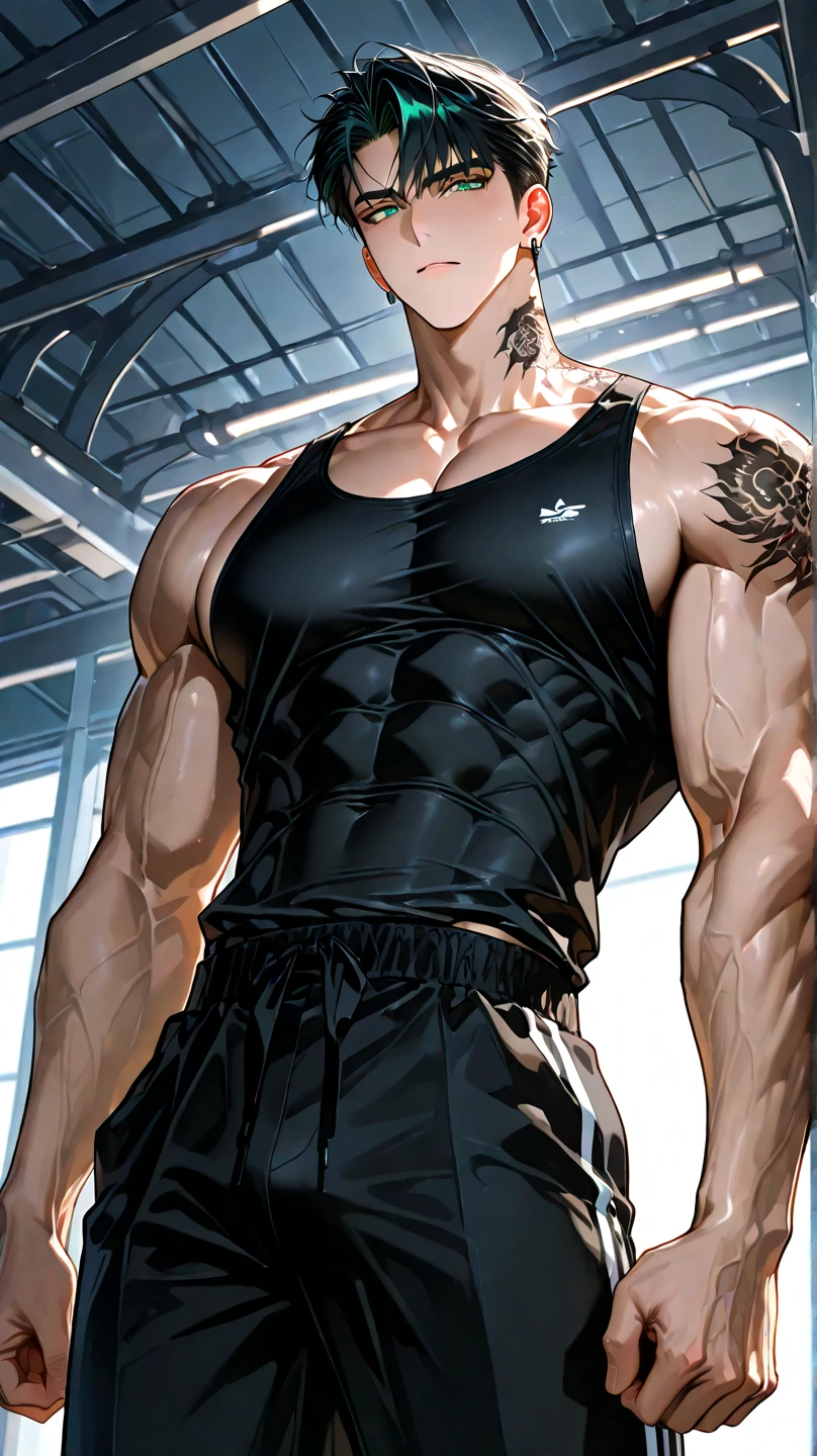 Hanzo Overwatch working out in a bodybuilding gym, well-defined muscles, focus in muscles, detailed biceps and triceps, cabelo perfeito, rosto perfeito, perfect hands, dedos perfeitos