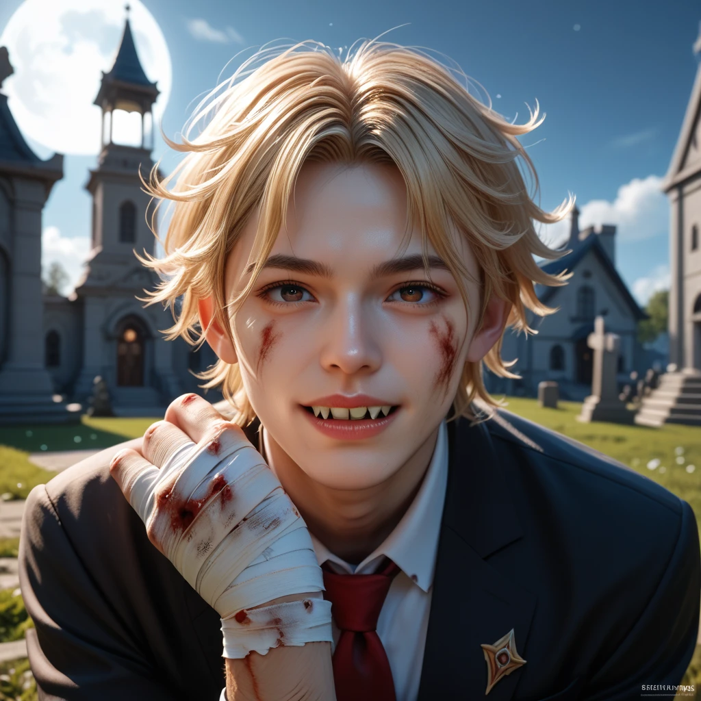 (extremadamente detallado, obra maestra, La mejor calidad, foto antigua, principios de siglo, VHS Aesthetics) blond boy with a white face and blood-stained smiling mouth. en la mano tiene un cuchillo lleno de sangre. ciudad nocturna mal iluminada. garras afilada. Light Volumetric