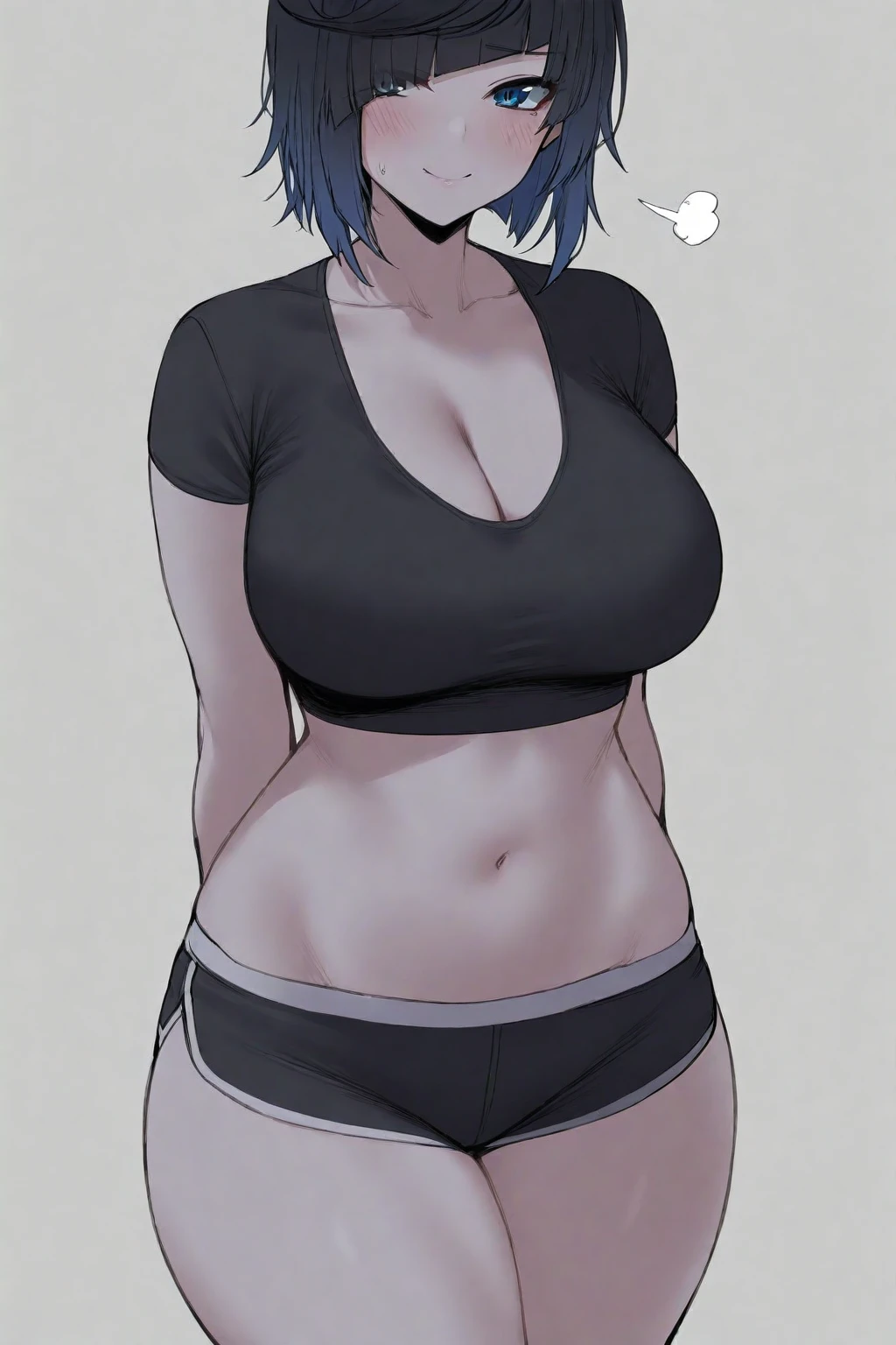 1girl, beautiful woman with emphasis on slim abs: 1.3, (short hair, big breasts: 1.2), tight tank top: 1.2, black tight shorts, sexy pose, sitting ,super delicate face, delicate eyes, double eyelids, home, sex with me face, oriental woman