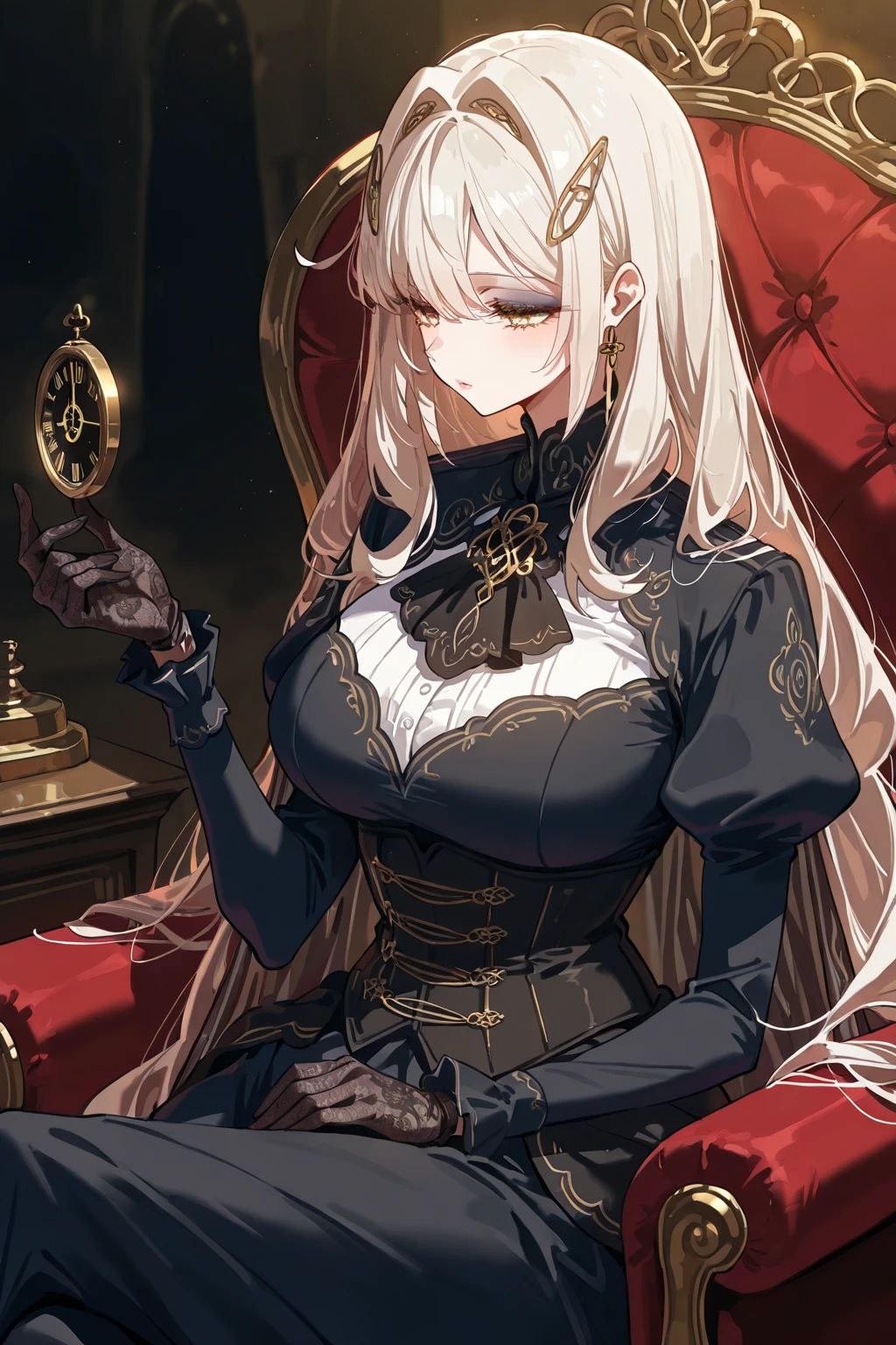 very long hair, golden hair, jacket, red_eyes, bangs, school_uniform, straight hair, blunt_bangs, inside the casino, casino table, looking down on the viewer, big, full body, crazy eyes, insane, wide open eyes, glowing eyes, shiny lips, blush, satisfying look, sexually aroused, obsessive look, crazy look, adult,, blonde, Girl in underwear, one girl, solo, sensational face, languid expression, evil smile, crazy smile, bewitching face, blush, black bra, black panties, M-shaped leg spread, estrus, lustful expression, legs open