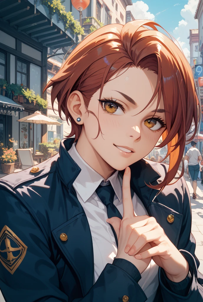 1girl, solo, summer, village, trees, sun, clouds, ((colorful hair)), curly hair, ponytail, large full breasts, ((brown leather jacket)), button down shirt, ((white shirt)), ((short sleeved shirt)), ((unbuttoned shirt)), unbuttoning buttons, cleavage 1:3, brown eyes, skirt, smile, looking at the viewer, standing, hair ribbon, golden necklate