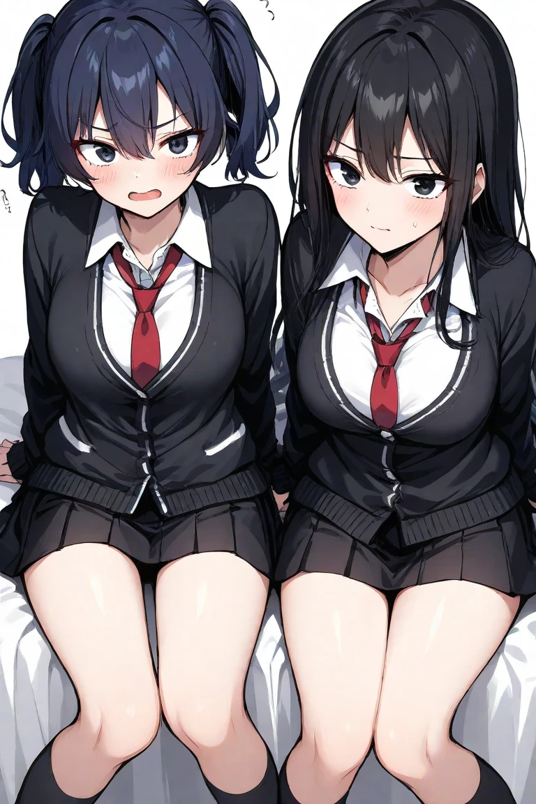 (8K、masterpiece、Highest quality、Super detailed、Professional Lighting、Beautiful Face)、 Black gal(Dark Skin:1.2)、(correction:1.1)、（short、small、small：1.2）nsfw、Two beautiful 18 year old girls、(Group shot:1.2)、(sweater:1.2)、(Tiered flare skirt)、(Gorgeous detailed embroidered panties)、(Skirt Lift:1.5)、Put your hand on your skirt、(Panty shot)、Panty Focus、plump、pubic hair、smile、Black Short Hair、Voluminous straight hair、Parted bangs、Lip gloss、Pale skin、Glowing Skin、