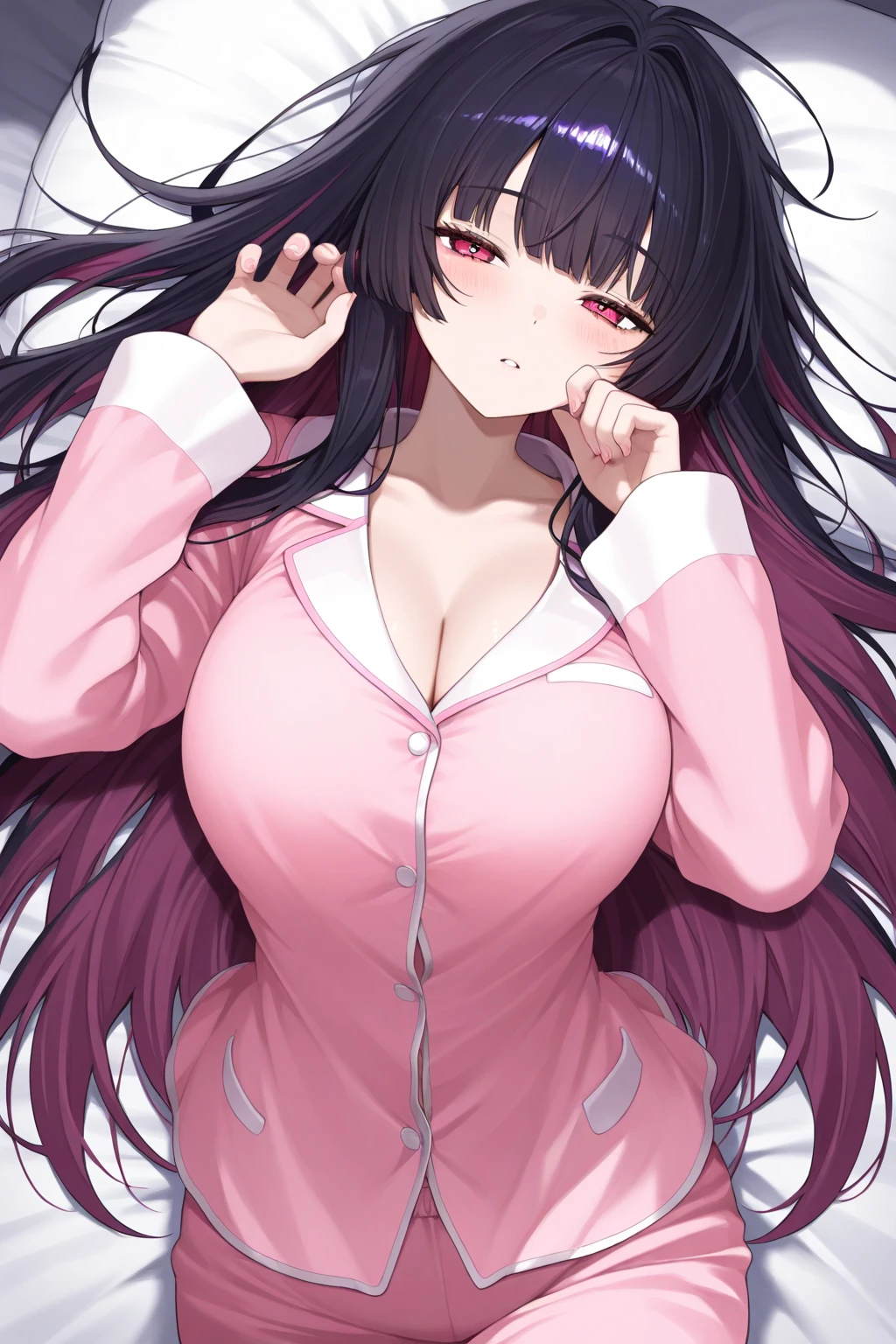 (best quality:1.2), (ultra detailed:1.2),(masterpiece:1.2),(8k:1.2),(Blessed,Captivating body、Ultra detailed hands、Ultra-detailed eyes、Ultra-detailed skin、ultra-detailed face,Detailed Background),One Girl、((white dress shirt, naked shirt,cleavage ,open shirts,large shirts,no panties,bottomless,)),(ecstasy, aroused:1.5), azki_(hololive), 1girl, 独奏, multicolored hair, pink hair, purple eyes, black hair, hair between eyes,x hair ornament,very long hair, streaked hair, hairclip, large breasts
