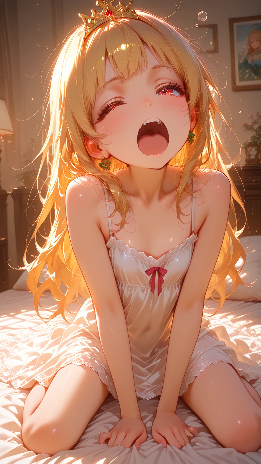 masterpiece, amazing, 8k, detailed, 1girl, (from above), ((black tights)), blonde hair, ((pussy)), ((naked pussy)), red hairband, red horns, ((on bed)), (looking viewer), sitting, looking up, open mouth, looking viewer, (cum on face)