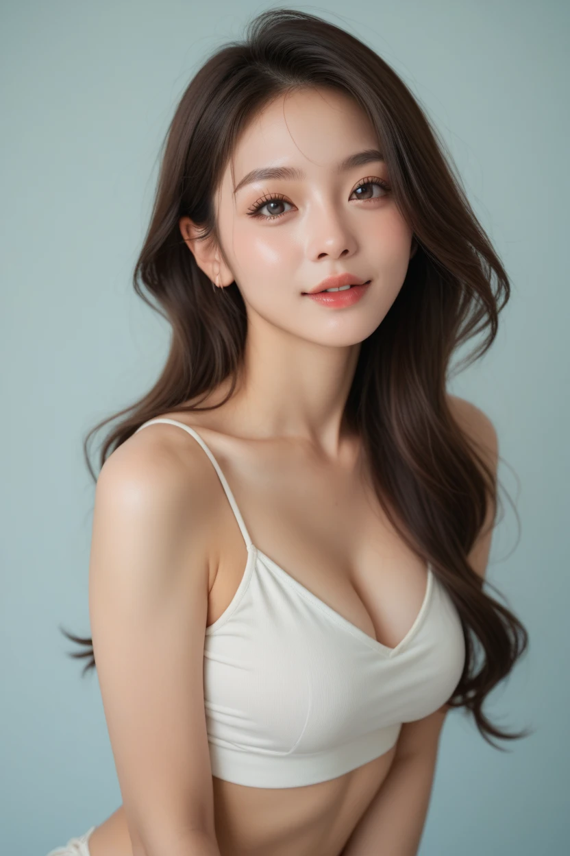 (Very detailedな CG Unity 8k 壁紙, highest quality, Very detailed, Looking at the camera:1.2, The light shines on your face:1.5, Gray background, Professional Lighting), Japan female, 26 years old, Upper body composition with brightly lit face. She has an oval face, Soft arched eyebrows, bright expressive eyes,, pronounced nose, And a friendly smile. Her hair is shoulder-length, straight, Dyed a light chestnut color. She is wearing a smart casual blouse, Probably soft colors, Paired with a black blazer, Embody her lively and sociable personality