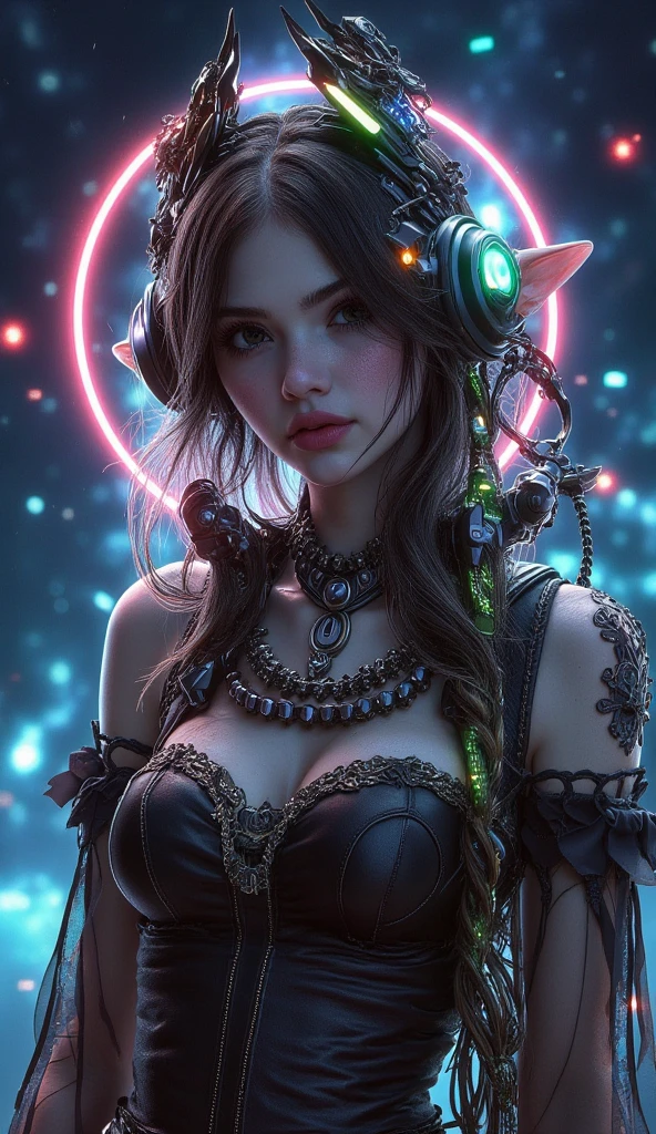 ((best qualityer)), ((work of art)), (detail: 1.4), 3d, cyber punk, a beautiful woman with medium breasts, wearing a very sexy dragon woman cosplay, dragon ears, dragon horns, dragon feather, SEMINUA, GREAT CLEAVAGE, very low-cut