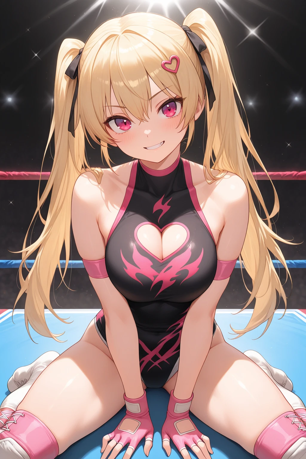 Cute with a perfect figure,(On top of that,14 years,150cm), (On top of that,Yellow and black ruffled one piece swimsuit,), Very small breasts,Straight hair,prohibit,Standing in a wrestling ring,Highly detailed face and skin, Detailed eyes,Knee-high socks,Lace gloves,Nogizaka46,Grinning smile, the body is slim, thin, thin太もも,Small hips,Posing with hands on hips,fight in professional wrestling
