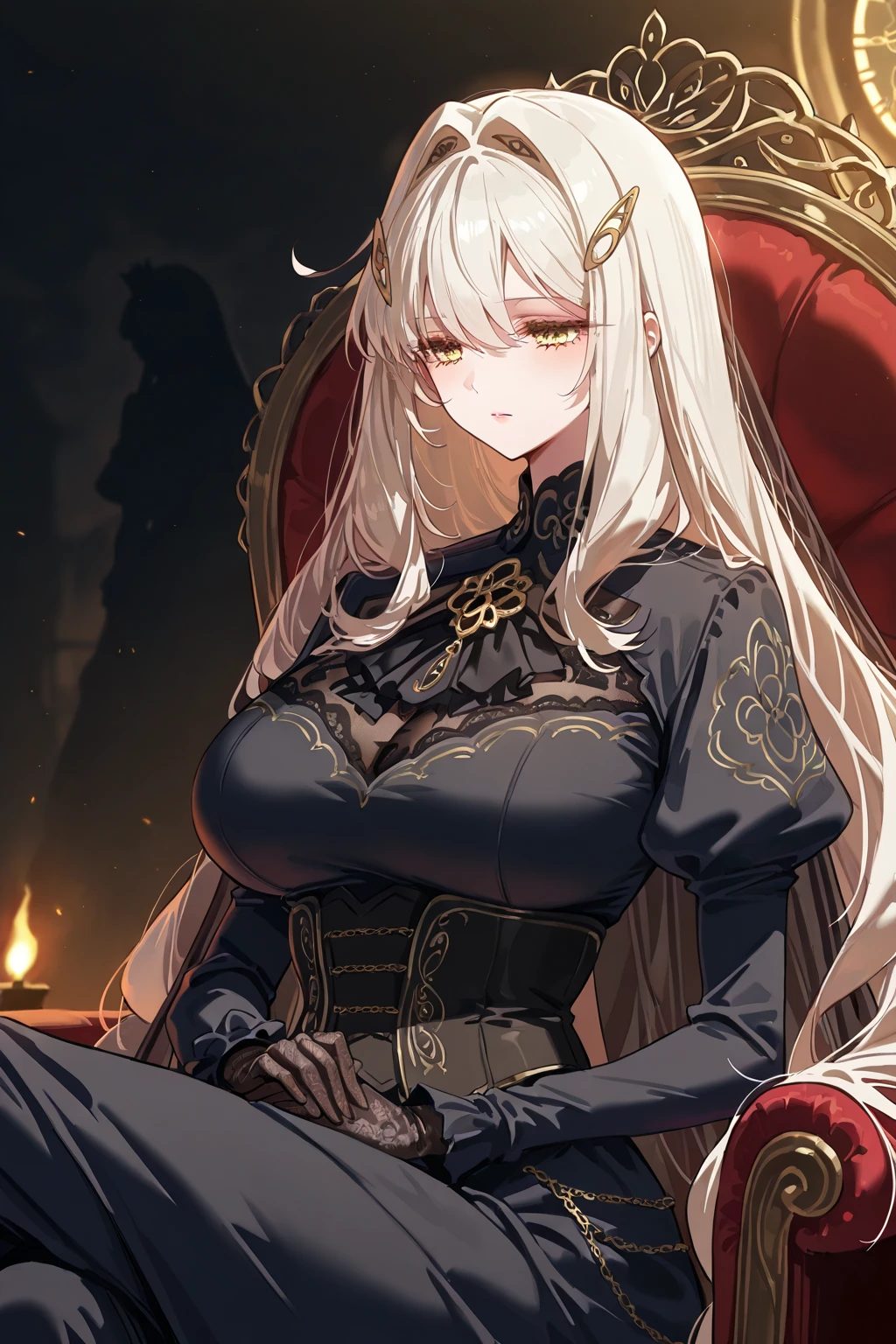 (Masterpiece:1.2), best quality, (illustration:1.2), (ultra-detailed), hyper details, (delicate detailed), (intricate details), (cinematic light, best quality Backlights), clear line, from below, solo female, perfect body, (1girl), white hair, glowing yellow eyes, (emperor, black see-through clothes),(crown:1.1), sitting on Throne, slightly close eyes, looking downward, turn head, ( shy:1.2), ((makeup)), high contrast, (best illumination, an extremely delicate and beautiful), ((cinematic light)), colorful,