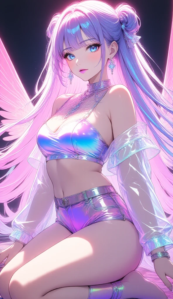 kda, ((knee shot)),（masterpiece、best quality、high resolution），((Practical)),（Colored background)，（Splash of Color），Sweet girl，Light Blue和白色的长发，(Light Blue, Pink Hair)，curls，shining，((Visible cleavage)), ((Type I Valley)), ((E cup)), Red and pink lips，Large cracks，Splash of Color，Volumetric Lighting，Full breasts, Elegant Posture, Sexy slender legs