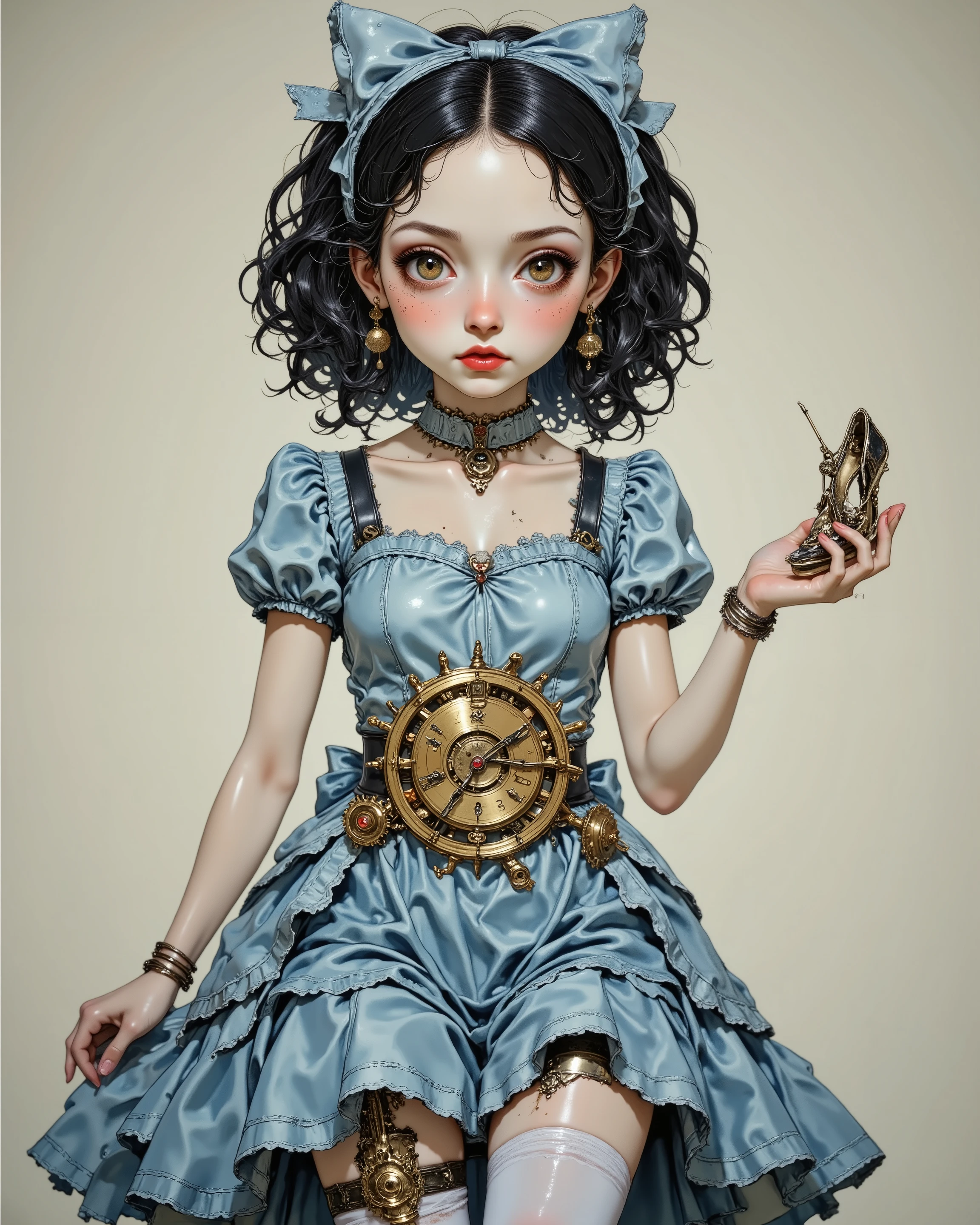a gothic clockwork Cinderella girl, one mechanical leg exposed under a torn ball gown, holding a broken glass slipper in one hand, oversized sad eyes, curly black hair tied with gears and ribbons, Tim Burton style, pop fairytale vibe, pale blue and bronze tones, centered composition, no background