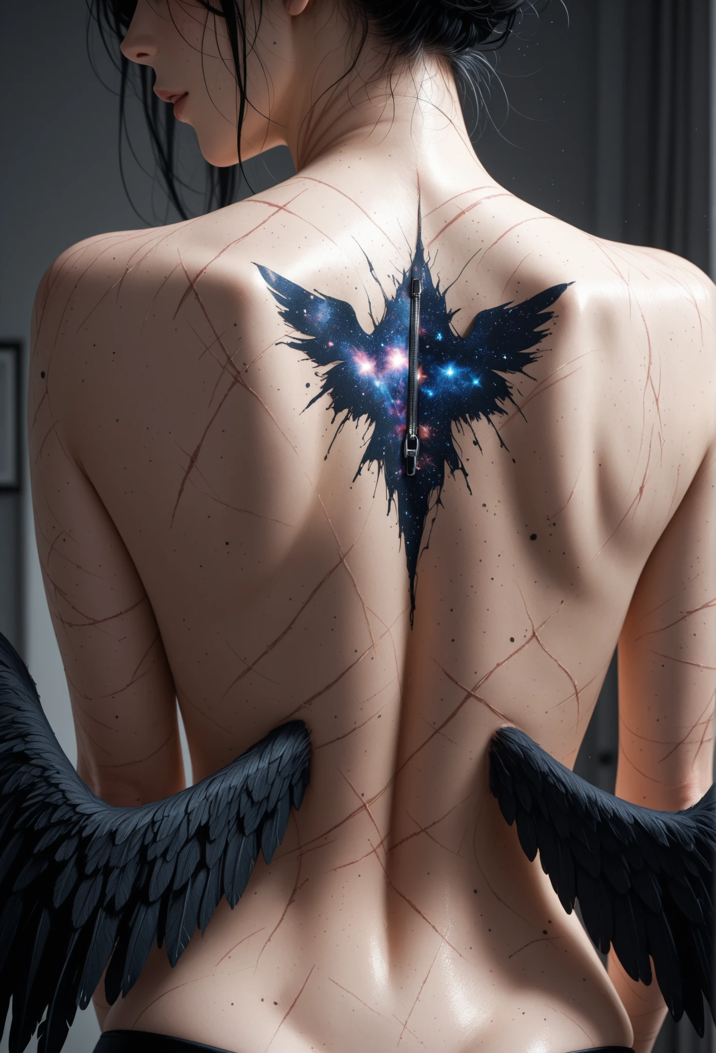 The colorful meaning of the lucky number "7", black background, tattoo on the back of a woman with the word "free use" printed, full of mystery and atmosphere of freedom, attention to the detailed representation of color and texture, mixing elements of modern and traditional style, making a reliable atmosphere, undercut, view from below, camera below