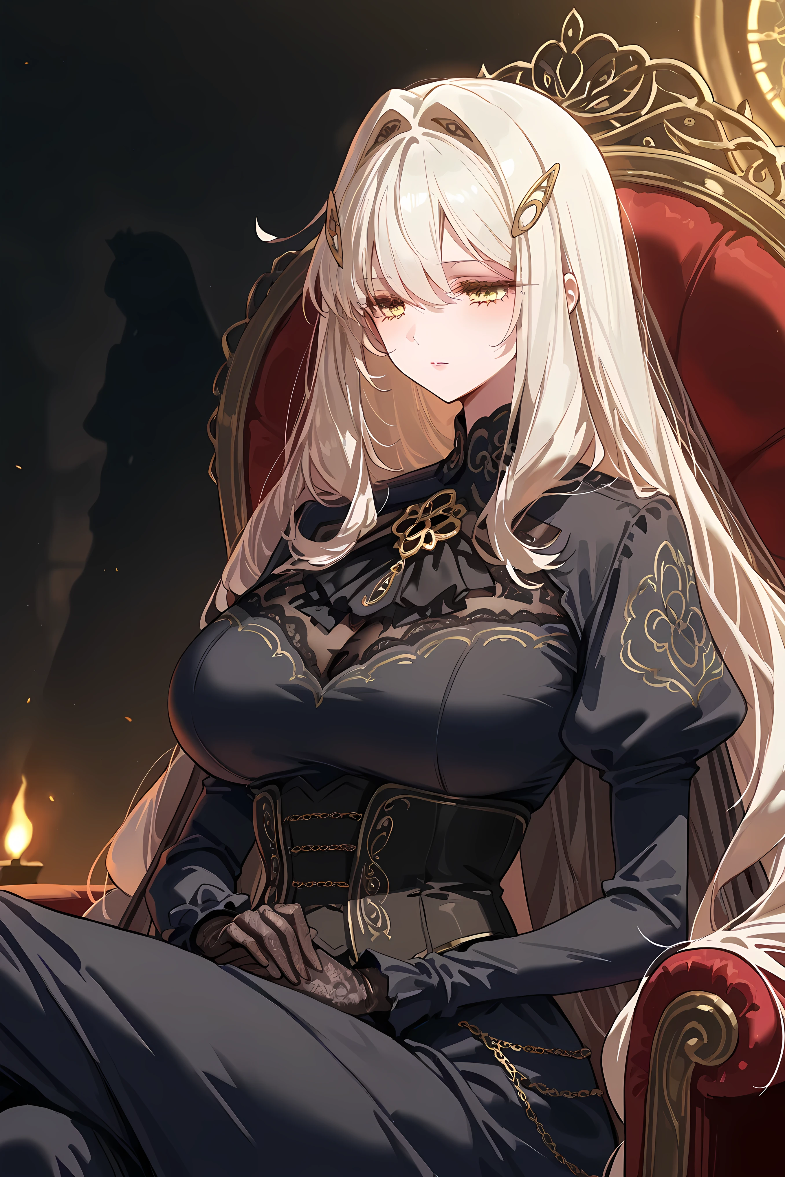 score_9, score_8_up, score_7_up, masterpiece, best quality, very aesthetic, absurdres, tunning image, attractive image, 1girl, adult grown woman, solo, RonovaGI, 1girl, solo, curvy body, pale skin, white hair, long hair, hair clips, bangs, thick hair, golden eyes, flower-shaped pupils, pink lips, hair ornament, large breast, masterpiece,best quality,amazing quality, ero404, 5 fingers, alternate costume, Doomsday aristocrat outfit, tattered victorian dress, black velvet mixed with rusted silver, long dramatic silhouette, corset embroidered with cracked clock design, transparent ripped cape flowing like mist, vintage lace gloves, gothic jewelry with small skull brooch, hair styled high like a crown, apocalyptic palace ruins in the background, radioactive fog, a perfect blend of decaying luxury and end-time elegance. sitting, cross one legs, cross your legs, sit on a chair biologically correct body,