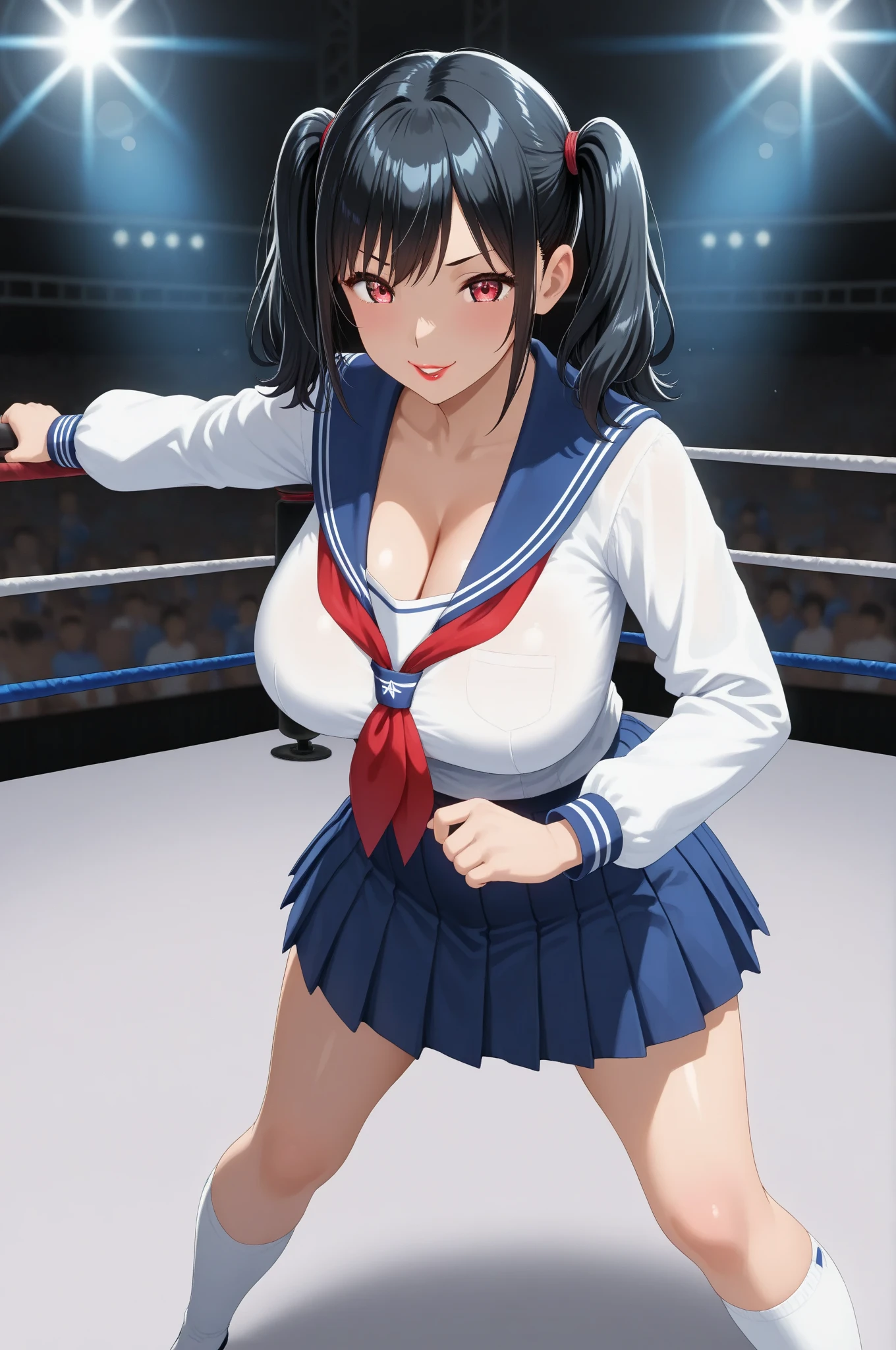 Male and female couples、((Woman clothed))、((professional wrestling、audience))、((Professional wrestler and muscular man))、Professional wrestler man has a big body、A man from a professional wrestler is attacking a woman、((Insults))、(NSFW:1.5)、Beauty busty woman、Woman on her knees、Woman is riding on a professional wrestler man's body、Professional wrestler man pulling on women's arms、A professional wrestler man's crotch is in close contact with a woman's crotch、Professional wrestler man and woman are having sexual intercourse in cowgirl position、sex、lascivious、sexual act、((A Professional wrestler man inserts his penis into a woman's vagina))、((Women get scared))、Women suffer、(Woman is crying:1.2)、Woman is blushing、Woman panting、Women are cumming because they feel good、The man has a serious face、a woman sweats profusely、Semen is pouring into the vagina