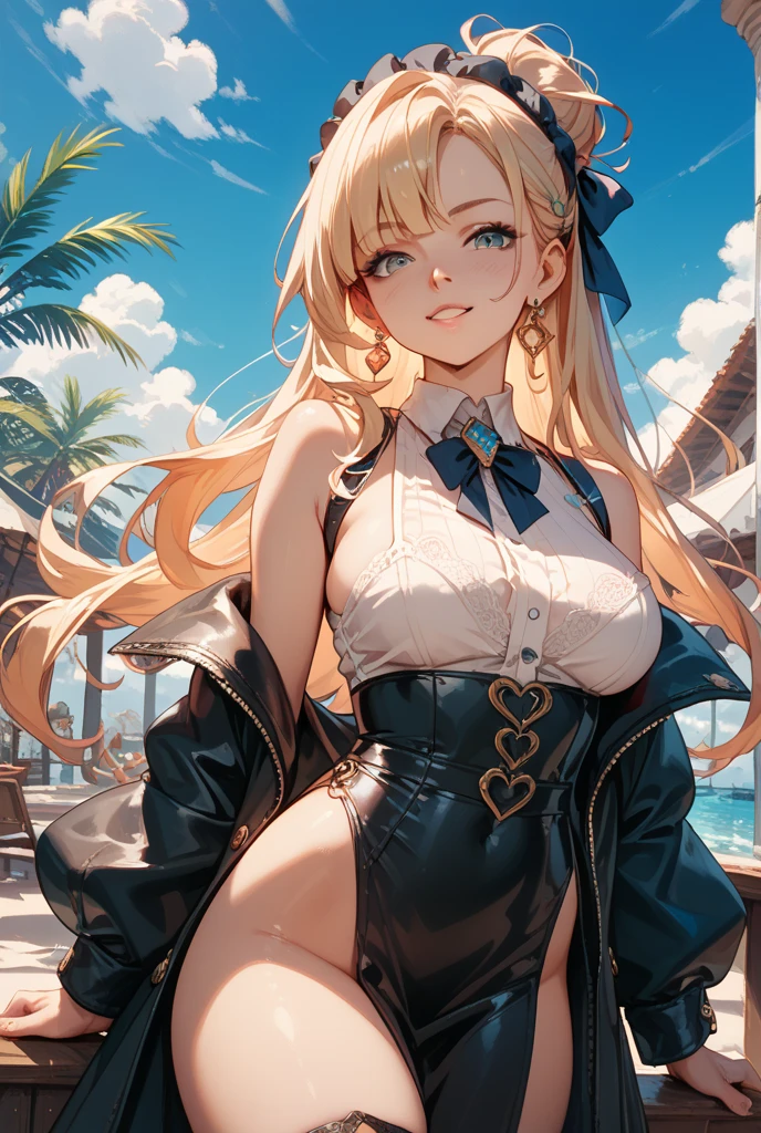 Super detailed、highest quality、Best image quality、masterpiece、8K、Anime Face、A kind smile、Open Mouth、Sparkling Blue Eyes、(Long blonde curly hair:1.4)、Wearing a maid headband、(SFW huge body)、(((Rear view)))、Cowboy Shot、(She is wearing a grey thong.:1.5)、Muscles of the whole body、Hands on hips、Stick your ass out