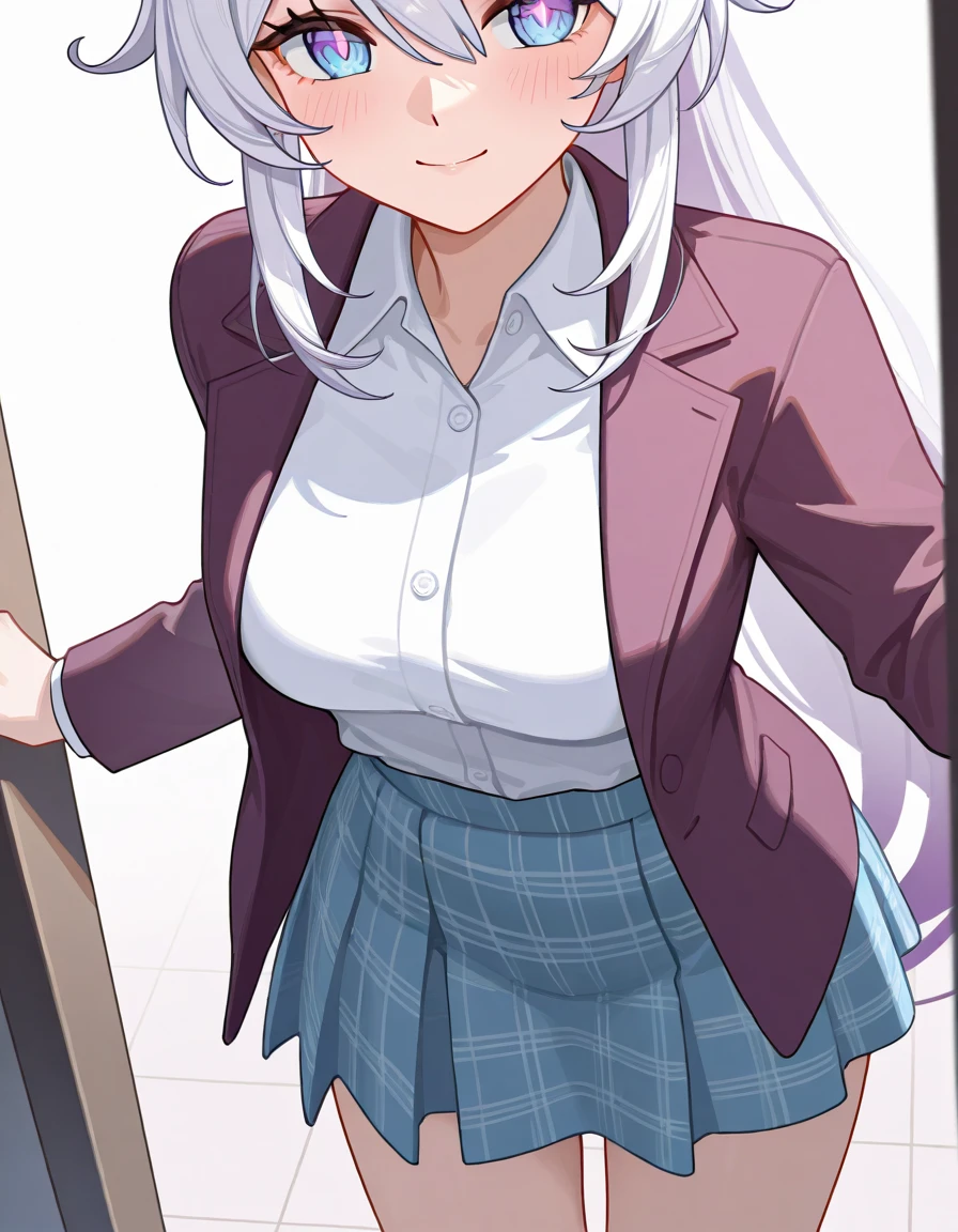 ((1 girl:1.5))、(smile:1.5)、(blush)、shirt、blouse、((fun!!))、chiralism、(small breasts)、(silver hair)、(dog ears)、(eye highlights:1.3)、Blake Black Footwear,(黒いskirt)、bow, button, 襟の付いたshirt, long sleeve, ((red bow tie, , black jacket, open jacket, (white cardigan:1.5), 白のshirt, 黒のskirt, チェック柄のskirt、white socks)),, shirtを,, skirt, socks, thighs, 白い shirt, Rest indoors, ((classroom:1.5))、 BREAK While watching the audience、(skirtを掴む:1.5)、 (perfect hands, perfect anatomy),cowboy shot、(skirt lift:1.3), (Pull Panties)、((shaved pussy:1.5))、(skirt that rolls up:1.3)、(Highly detailed labia fully exposed:1.5)、(Photo seen from below:1.5)、light blue eyes、long hair