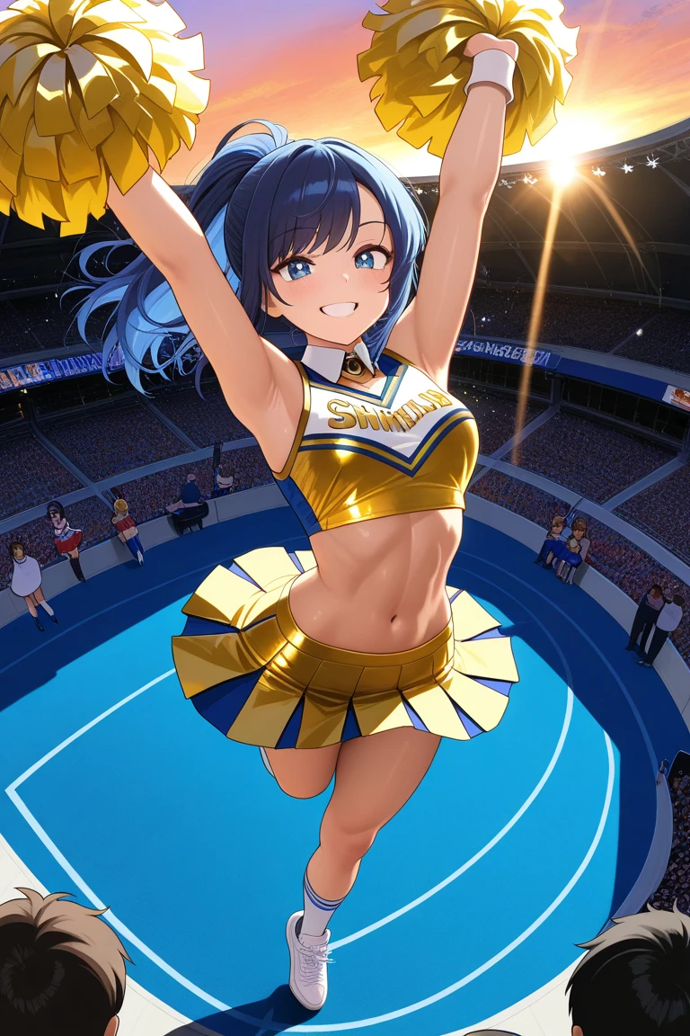 yoshiko, blue hair,<lora:yoshiko_v1:0.7>, 1girl, solo, , roxy migurdia, 1girl, ahoge, alternate hairstyle, bangs, bare shoulders, blue bow, blush, breasts, breath, , hair between eyes, long hair, smile, nipple, small breasts, solo, thighs, very long hair, , ((masterpiece)), sideface, very detailed face, cheerleader, pompons