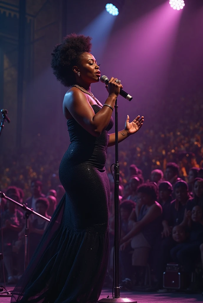 black people singing at a concert, fan is filming、large full breasts、Black stockings、(8K,masuter piece:1.2、top-quality)、(Live action、Intricate details)、Laugh、smil、Satin Dresses