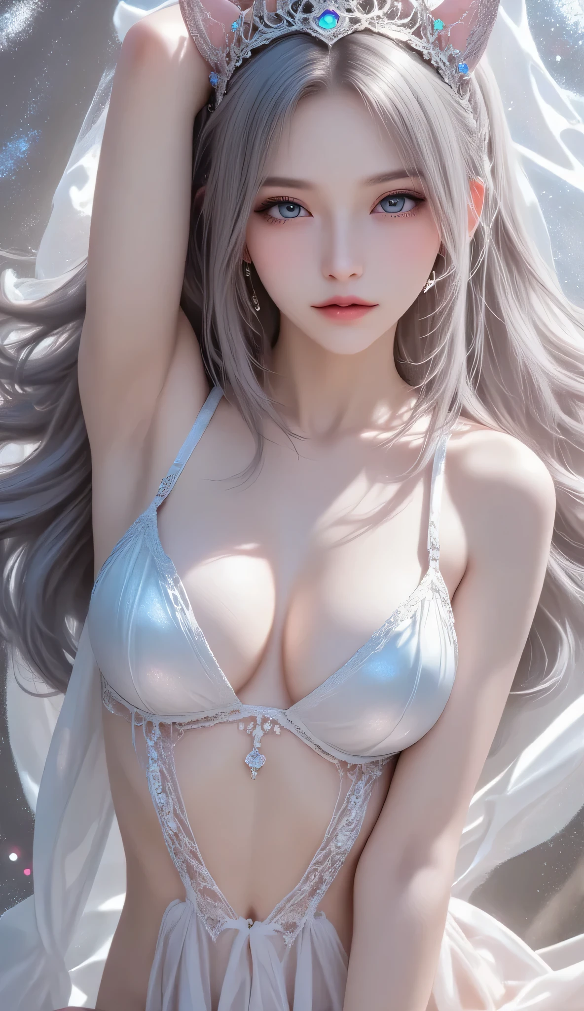 realisticlying, A high resolution, 1 Women, Alone, hip-up,(Lolita costume), pretty eyes, White hair, eye socket, collared shir, very small necktie,. 🖤,(((fullnude))),(Spread legs:1.4),sexy,(((arms wide open))), look at viewer, (((Do not hide the lower body))),Wide open crotch:1.3, ((high detailed vagina))